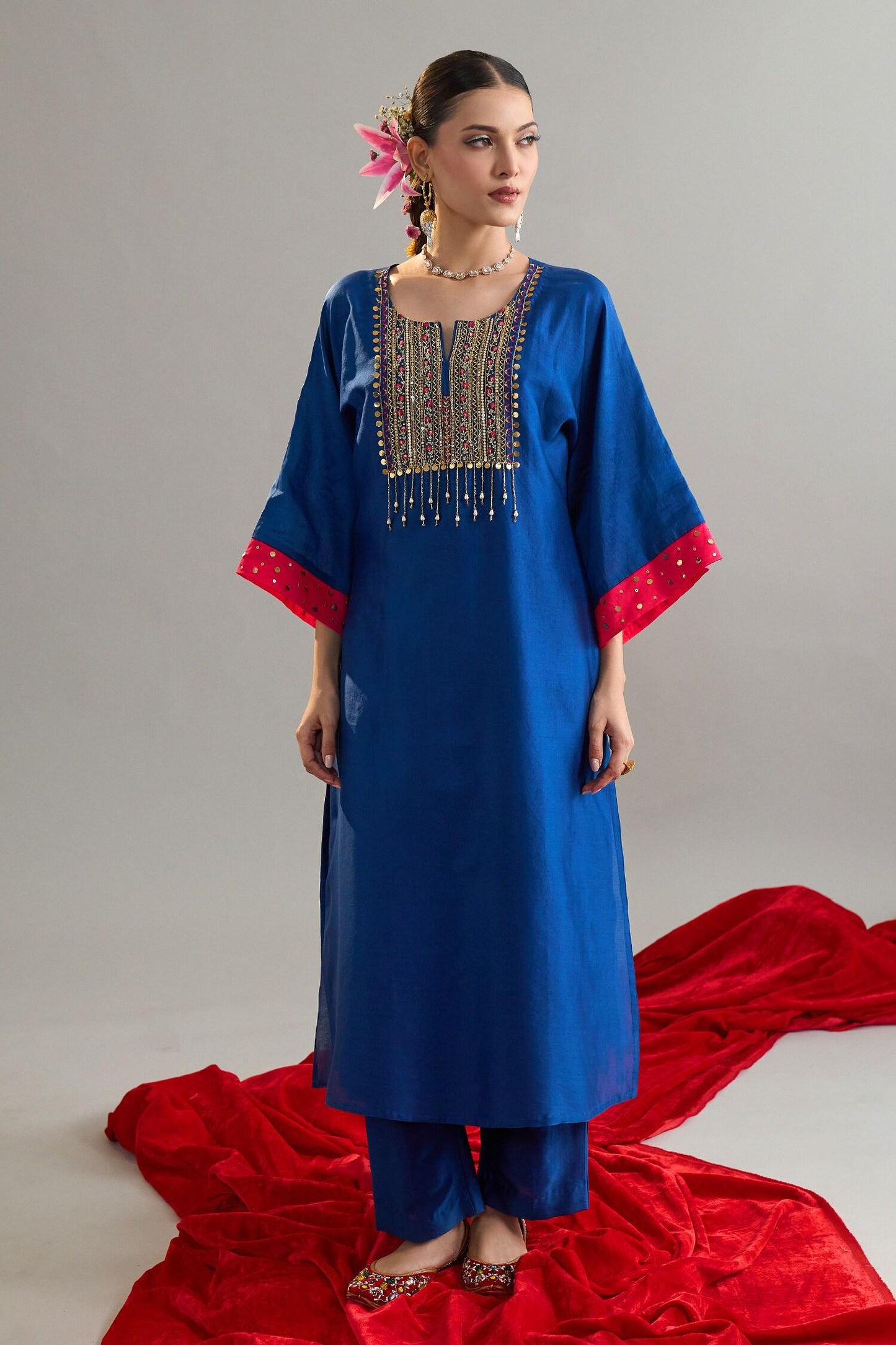 Blue Silk, Chanderi Sequins, Pearls Round Embroidered Royal Kaftan And Pant Set - Designer Kurta Set