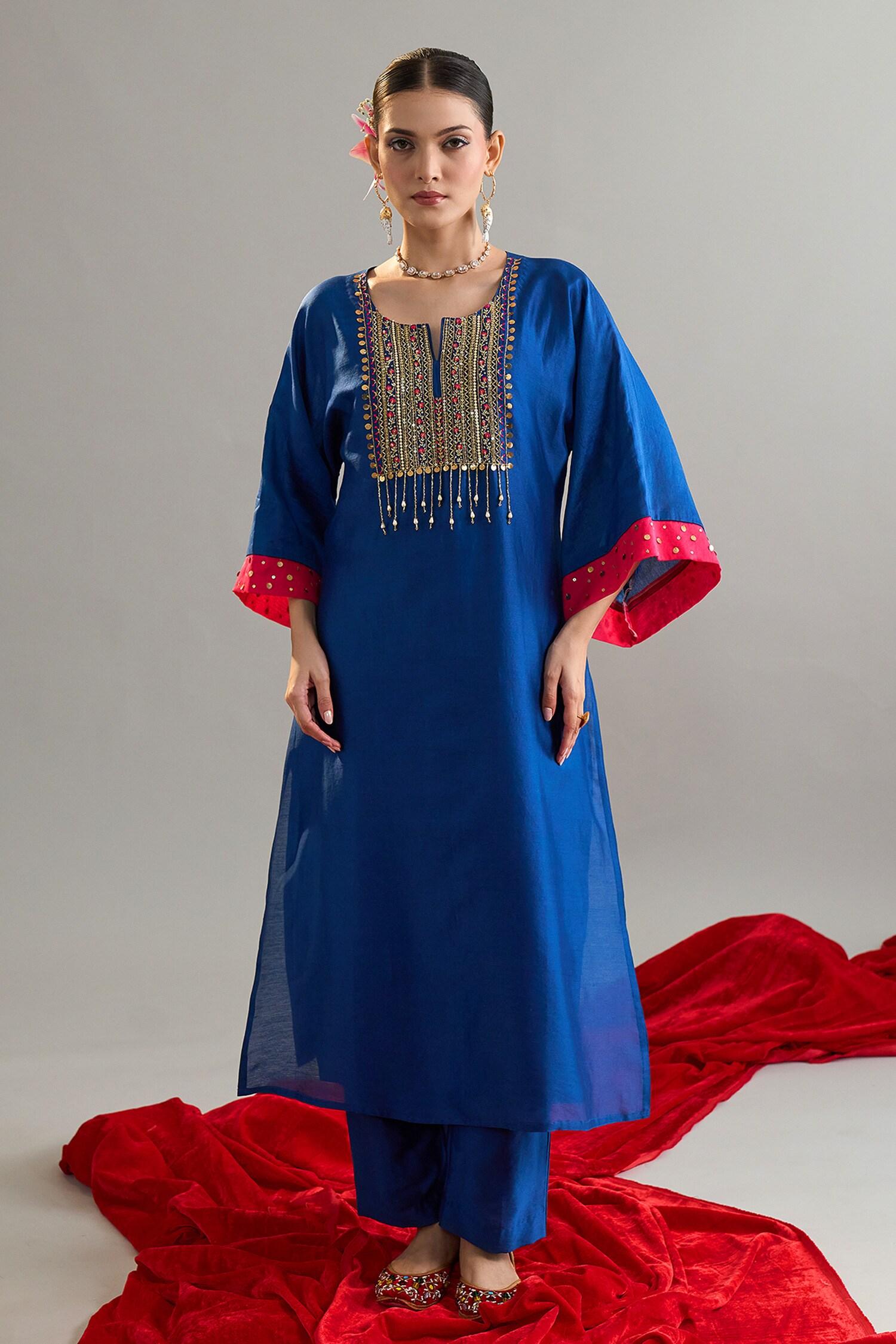Blue Silk, Chanderi Sequins, Pearls Round Embroidered Royal Kaftan And Pant Set - Designer Kurta Set