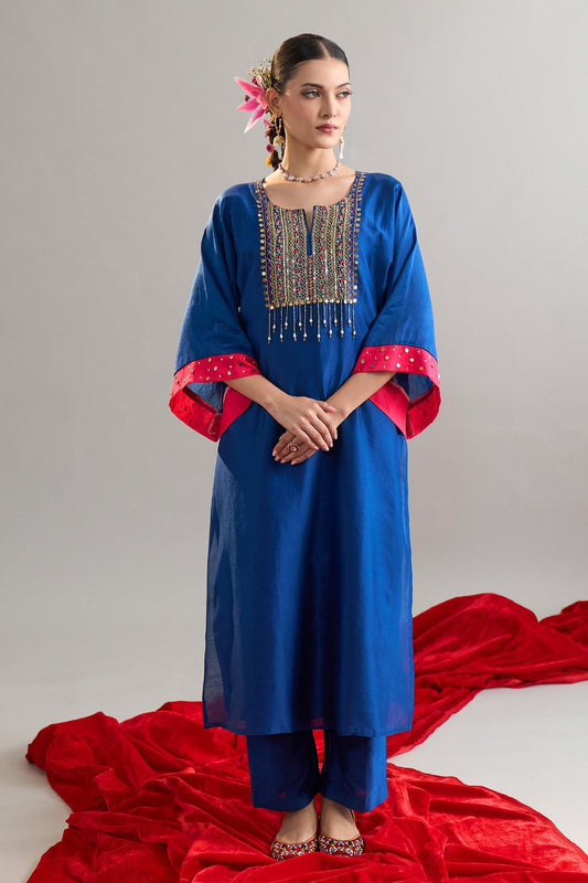Blue Silk, Chanderi Sequins, Pearls Round Embroidered Royal Kaftan And Pant Set - Designer Kurta Set
