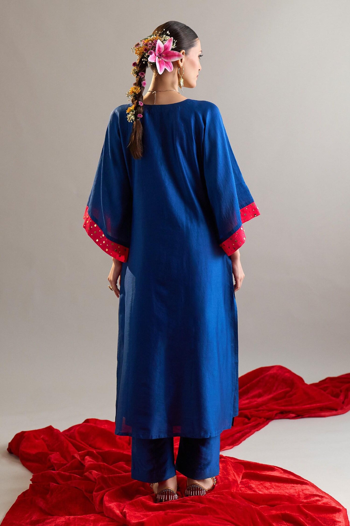 Blue Silk, Chanderi Sequins, Pearls Round Embroidered Royal Kaftan And Pant Set - Designer Kurta Set