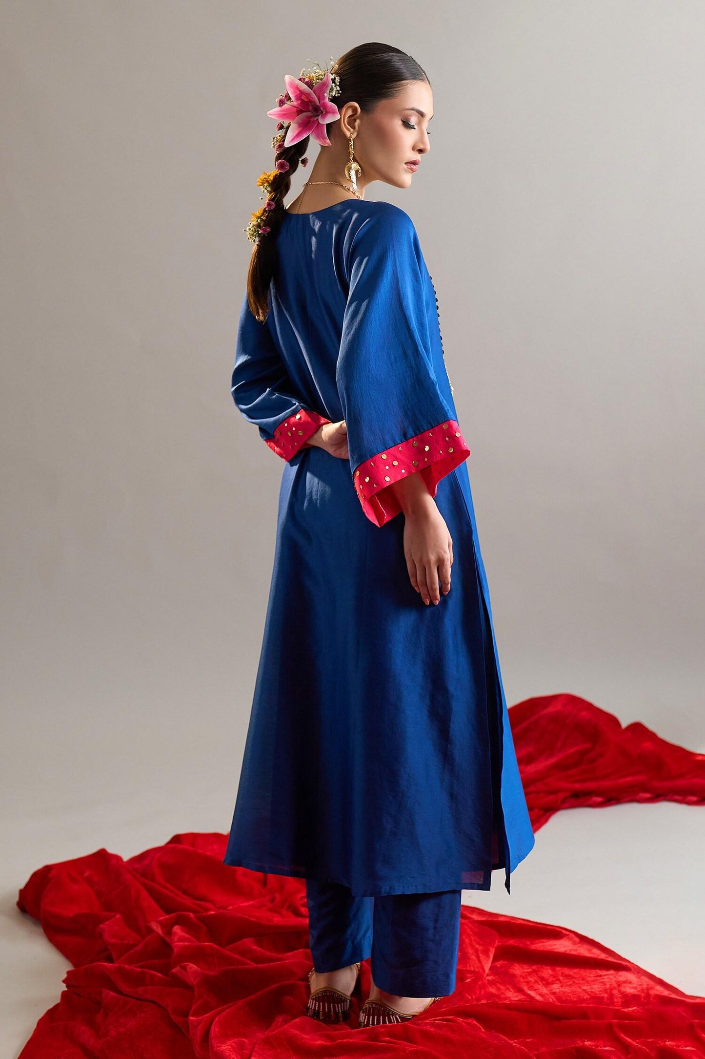 Blue Silk, Chanderi Sequins, Pearls Round Embroidered Royal Kaftan And Pant Set - Designer Kurta Set