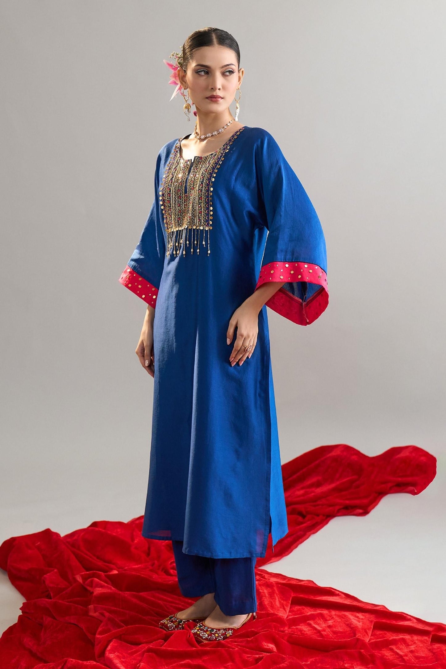 Blue Silk, Chanderi Sequins, Pearls Round Embroidered Royal Kaftan And Pant Set - Designer Kurta Set