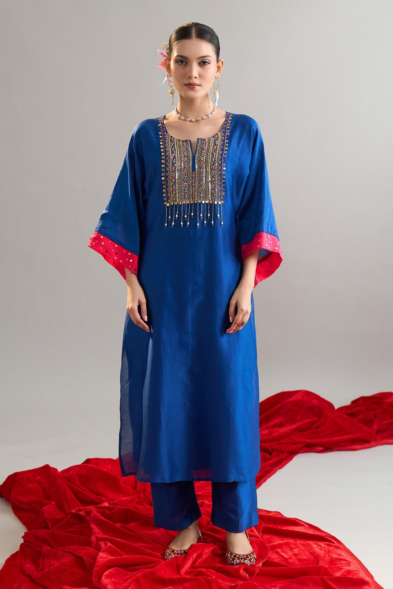 Blue Silk, Chanderi Sequins, Pearls Round Embroidered Royal Kaftan And Pant Set - Designer Kurta Set