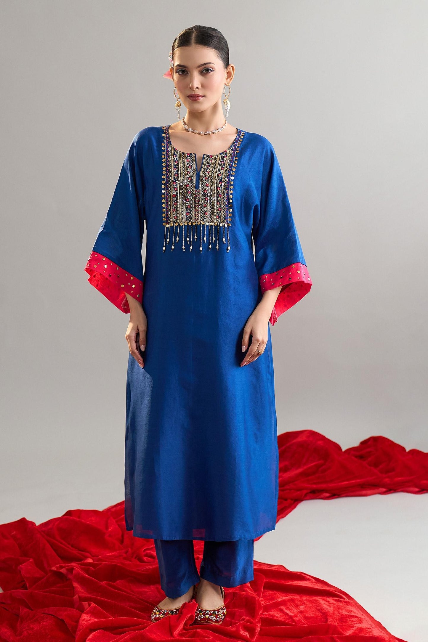 Blue Silk, Chanderi Sequins, Pearls Round Embroidered Royal Kaftan And Pant Set - Designer Kurta Set