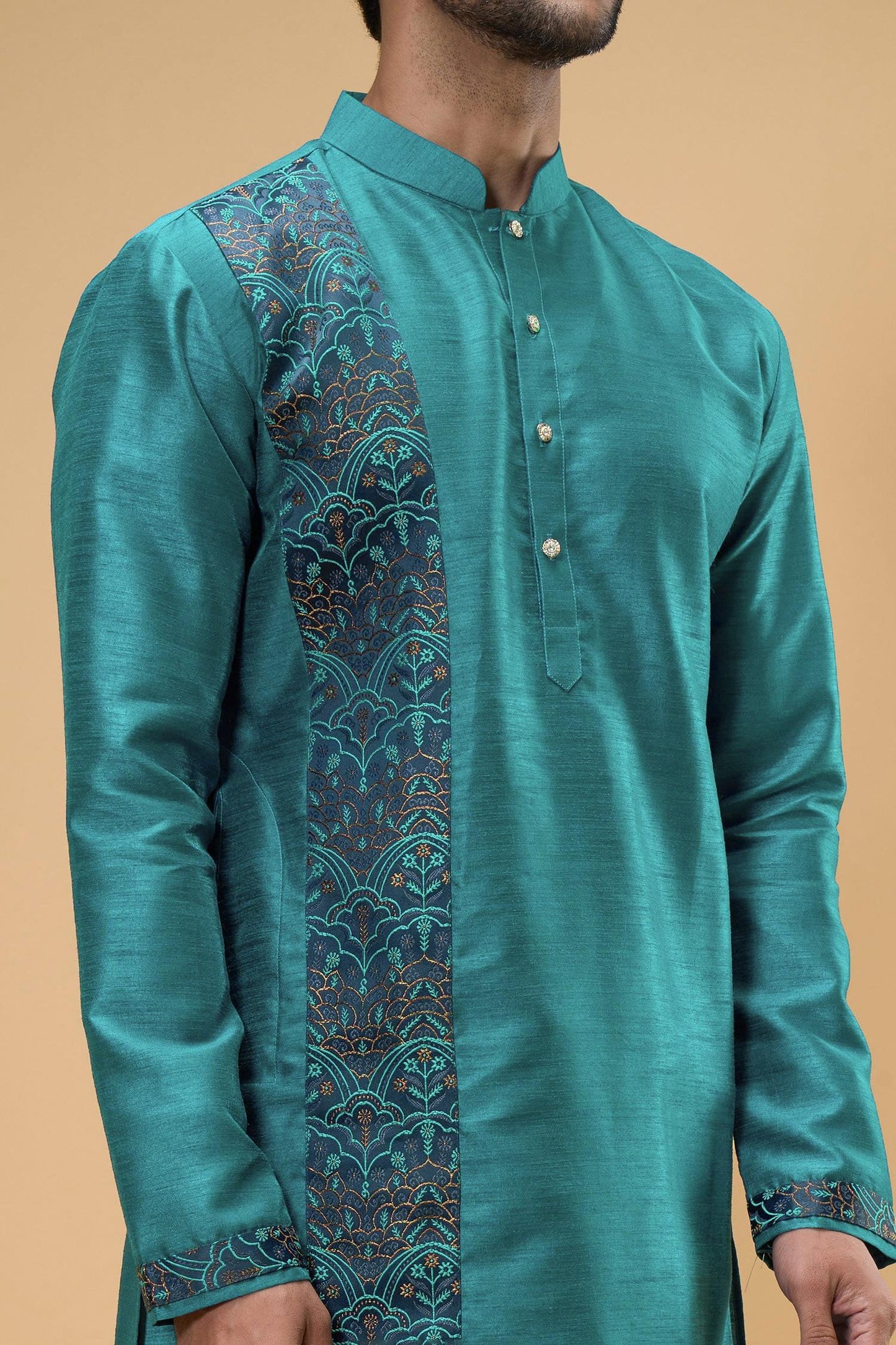 Kurta And Churidar Set Blue Silk Chanderi Silk Chiffon Thread Placement Work