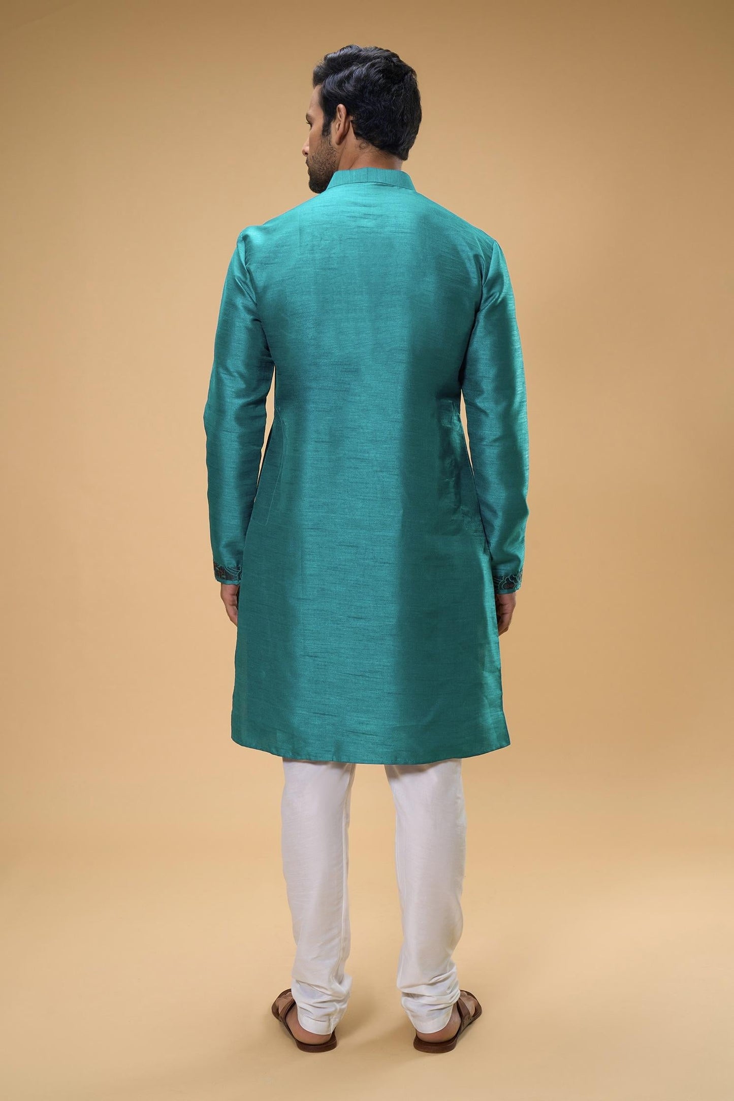 Kurta And Churidar Set Blue Silk Chanderi Silk Chiffon Thread Placement Work