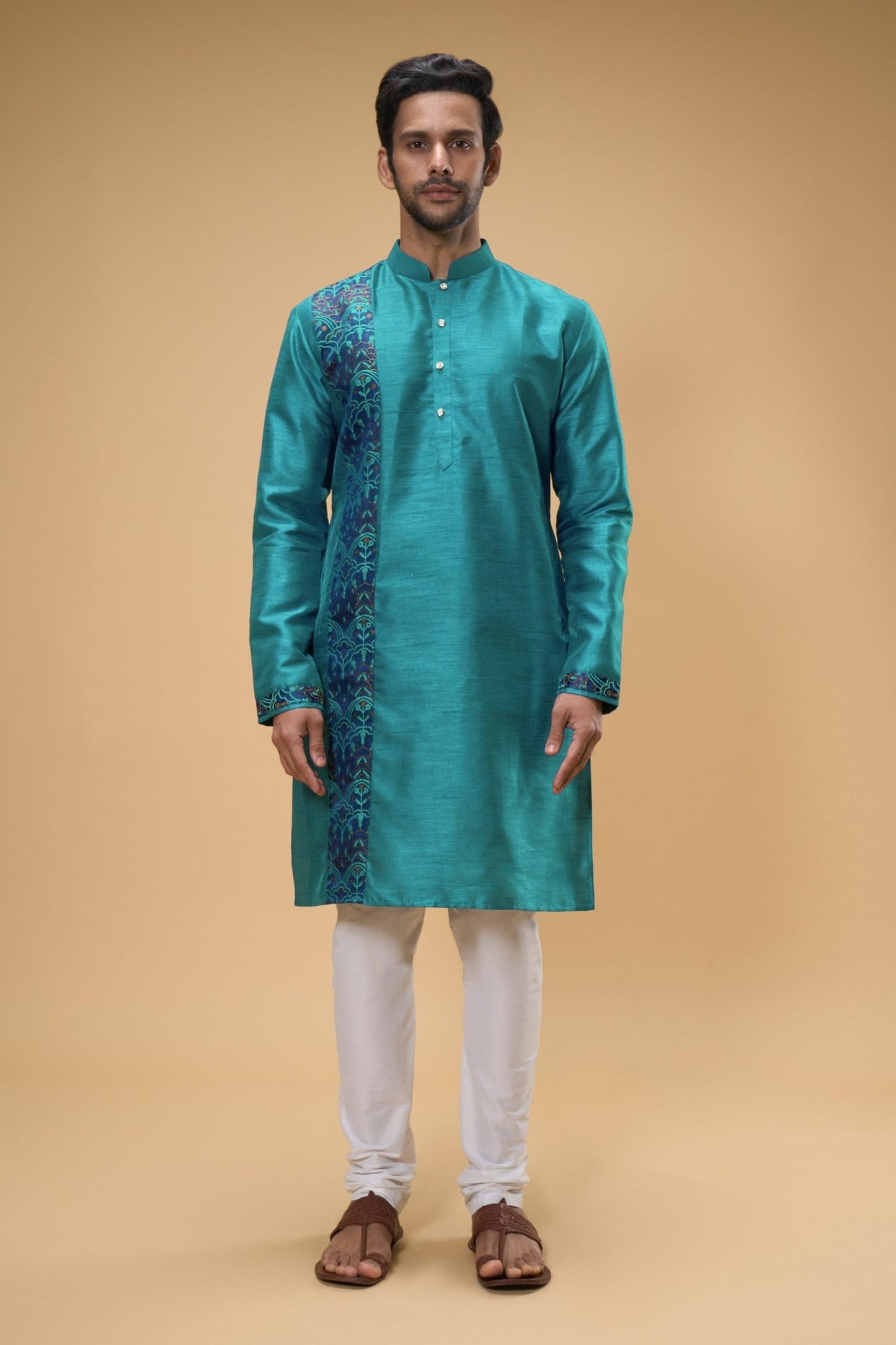 Kurta And Churidar Set Blue Silk Chanderi Silk Chiffon Thread Placement Work