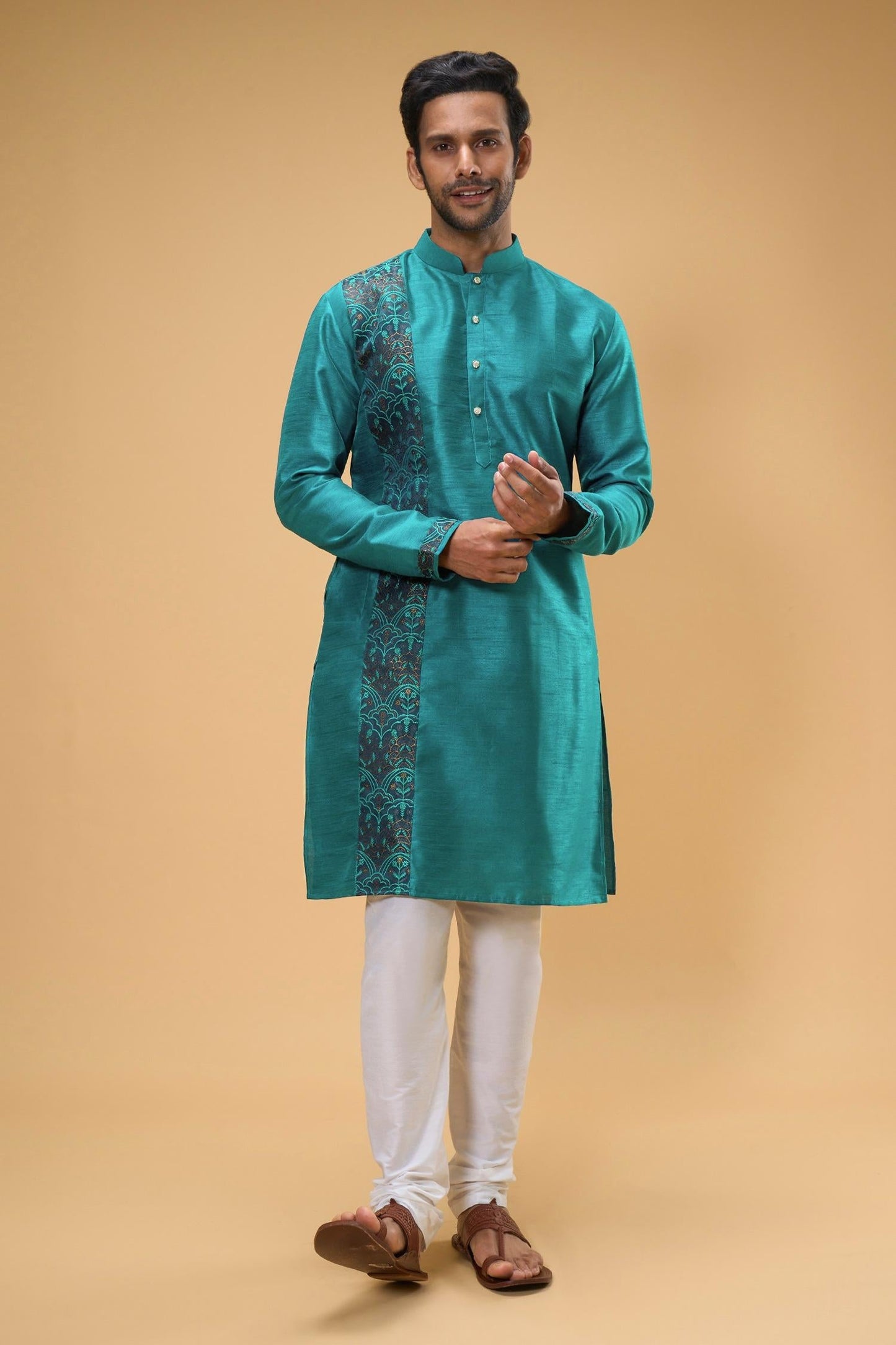 Kurta And Churidar Set Blue Silk Chanderi Silk Chiffon Thread Placement Work