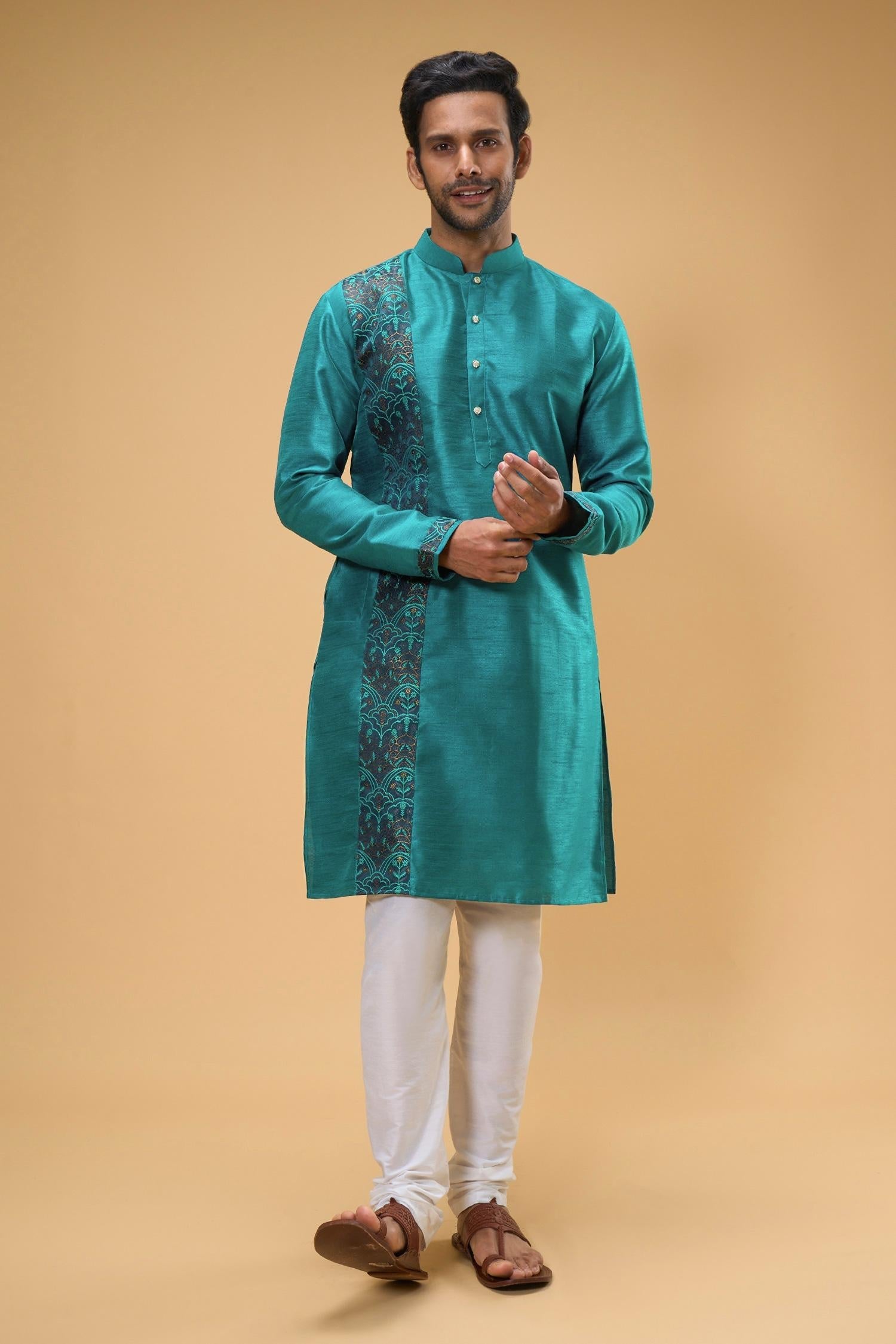 Kurta And Churidar Set Blue Silk Chanderi Silk Chiffon Thread Placement Work