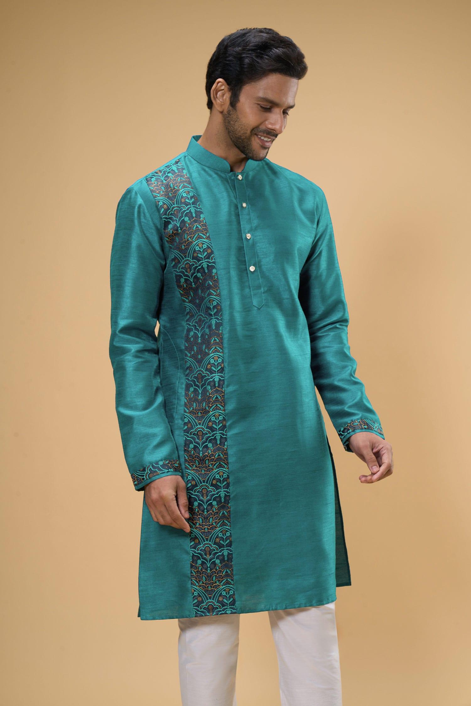 Kurta And Churidar Set Blue Silk Chanderi Silk Chiffon Thread Placement Work