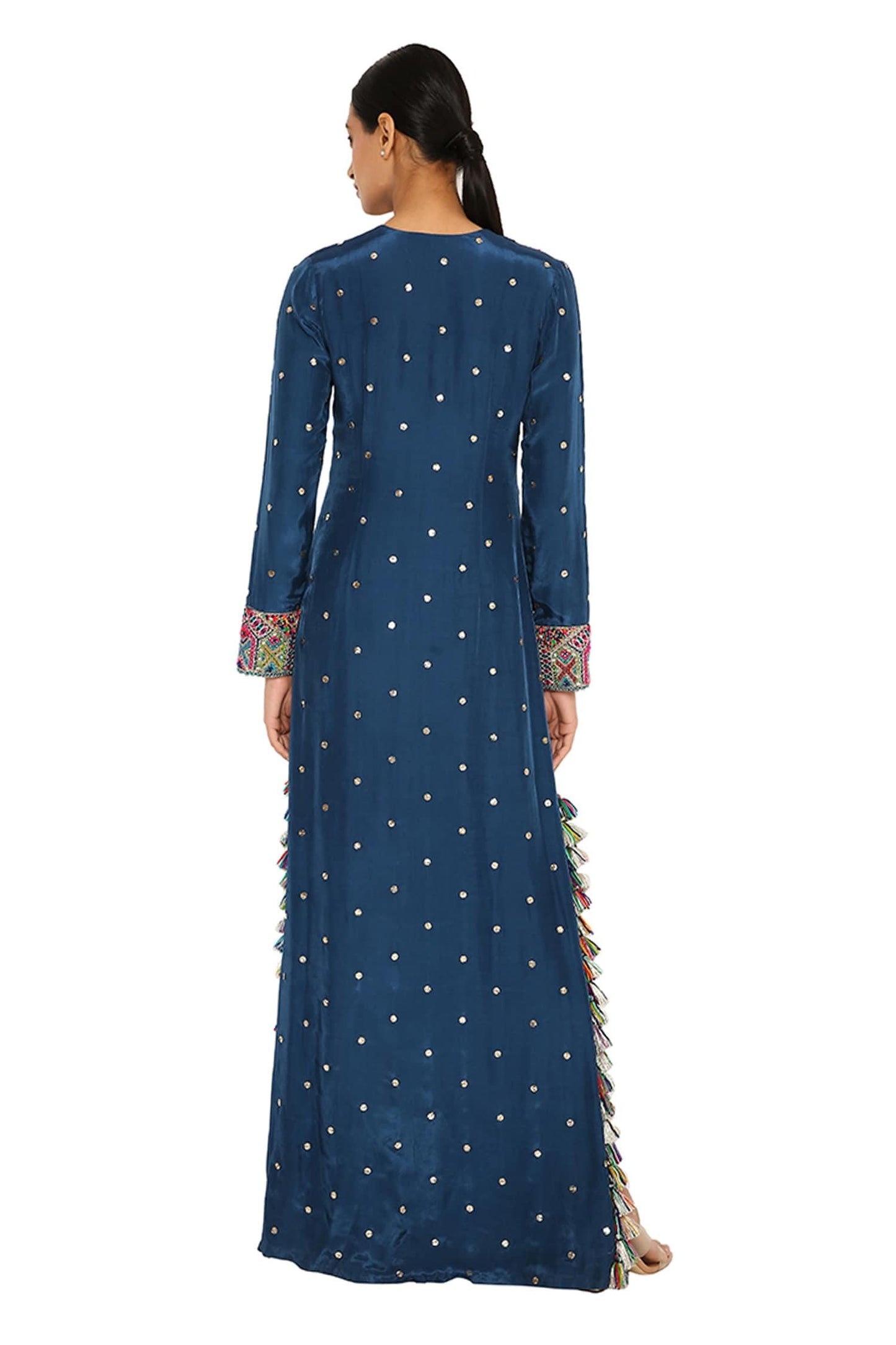 Blue Silk Embroidered Geometric Notched Kaftan - Designer Kurta Set