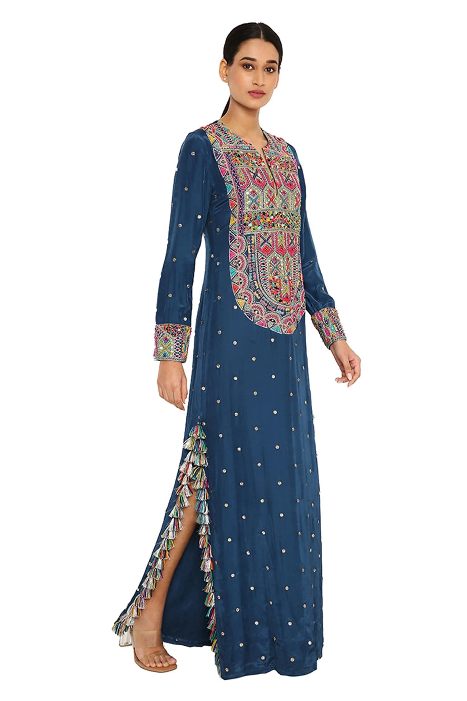 Blue Silk Embroidered Geometric Notched Kaftan - Designer Kurta Set