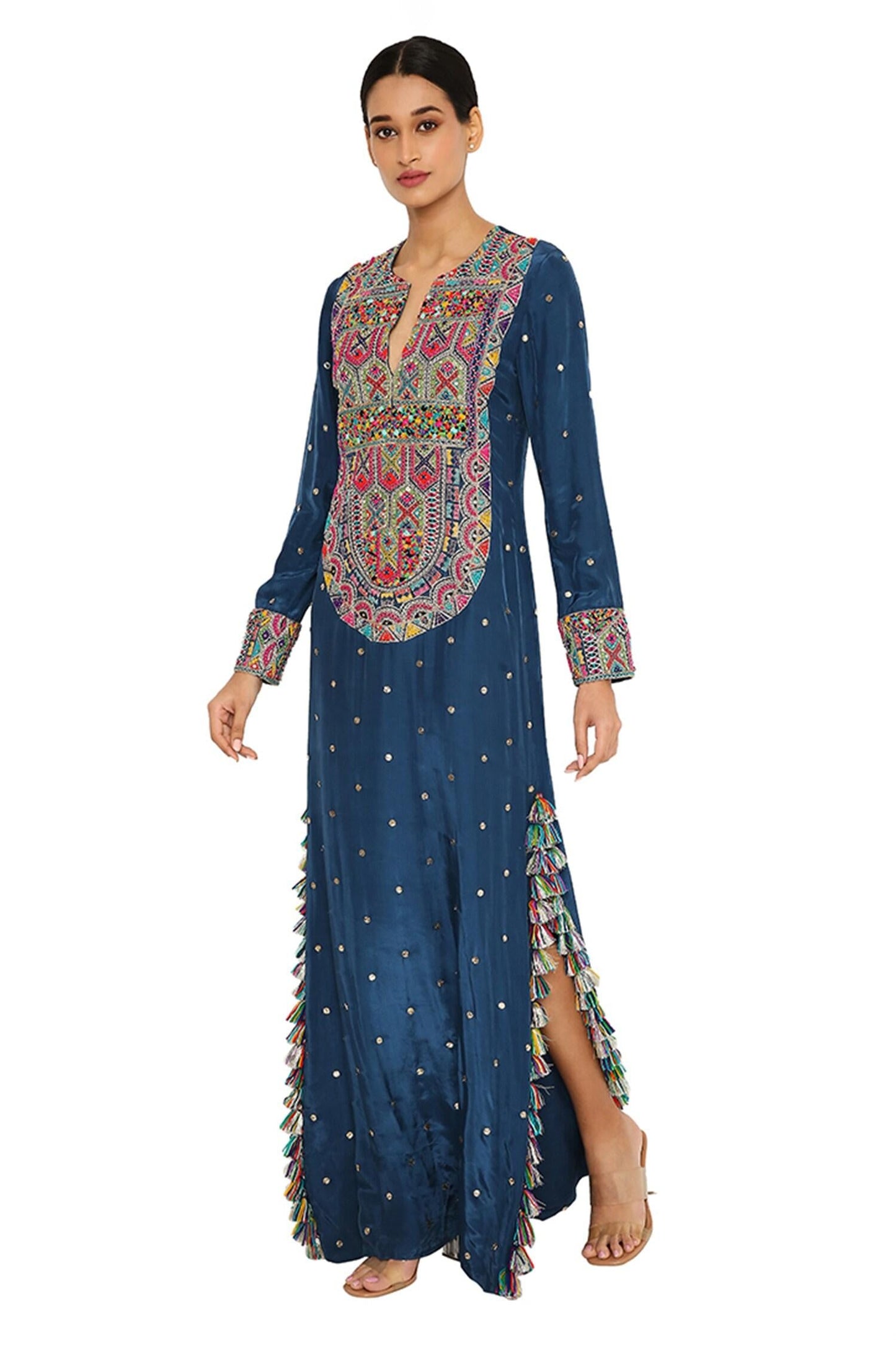 Blue Silk Embroidered Geometric Notched Kaftan - Designer Kurta Set