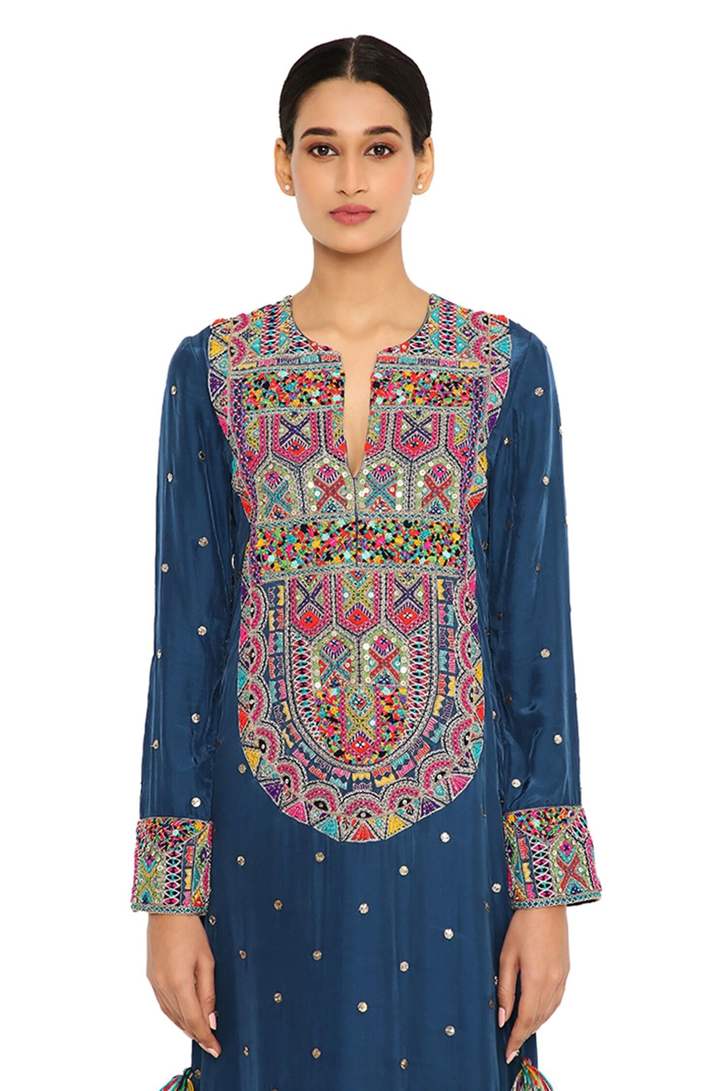 Blue Silk Embroidered Geometric Notched Kaftan - Designer Kurta Set