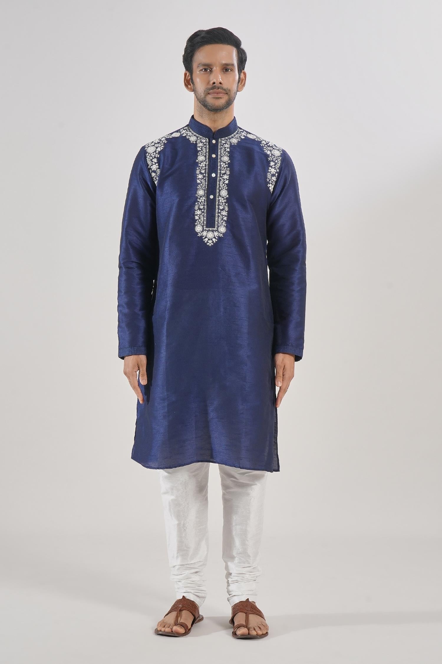 Kurta Set Blue Silk Embroidery Floral Thread Work