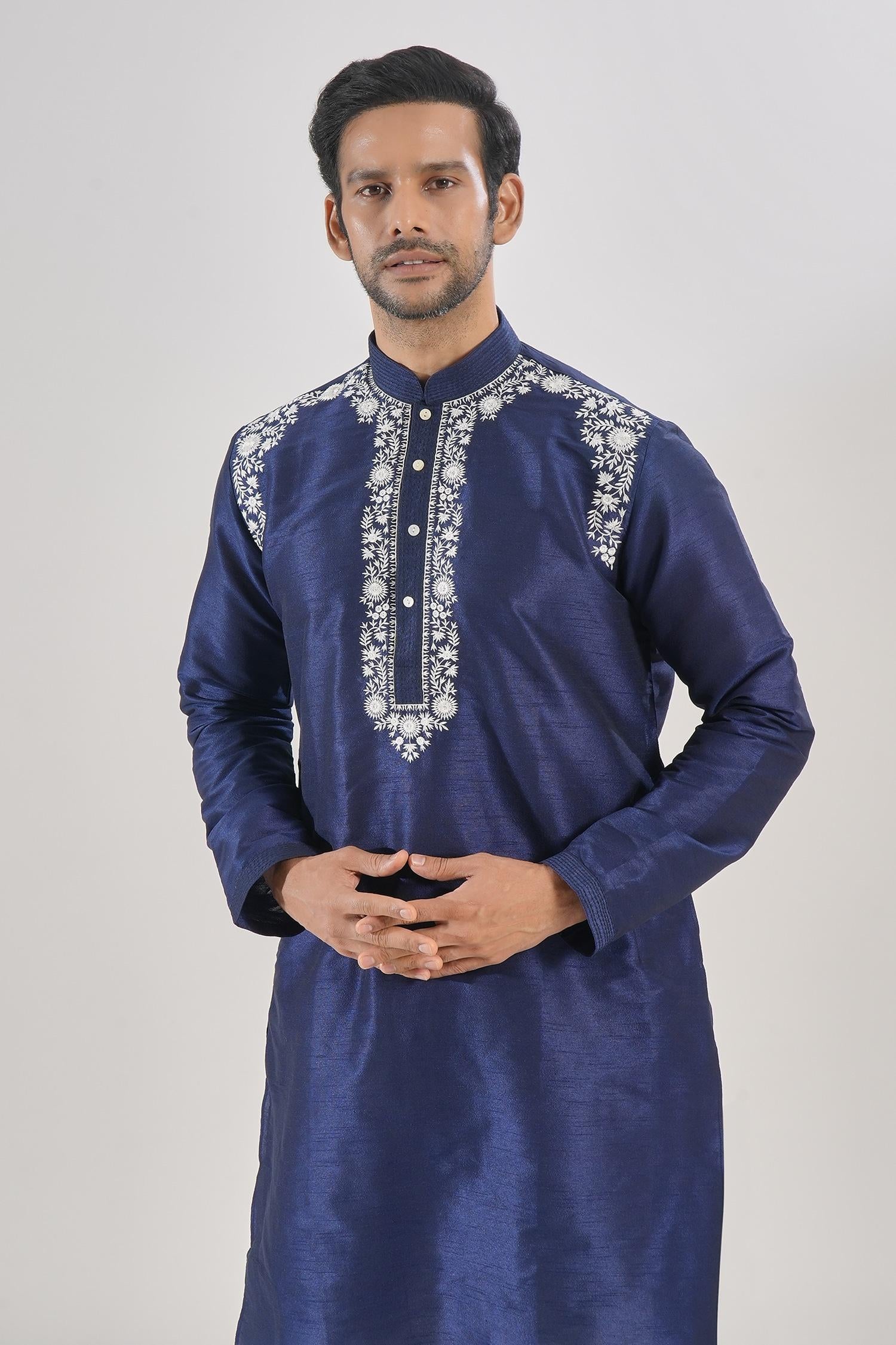 Kurta Set Blue Silk Embroidery Floral Thread Work