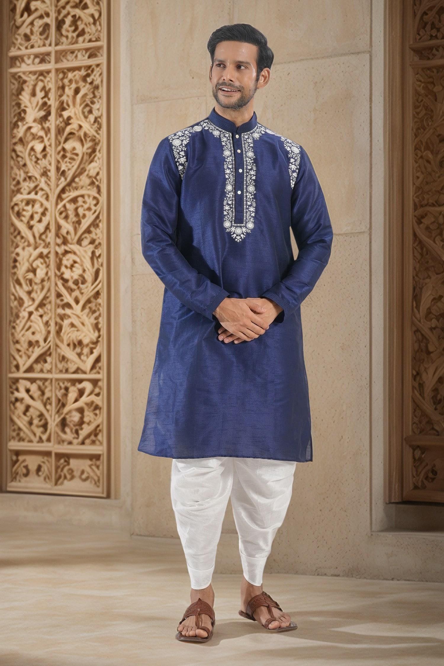 Kurta Set Blue Silk Embroidery Floral Thread Work