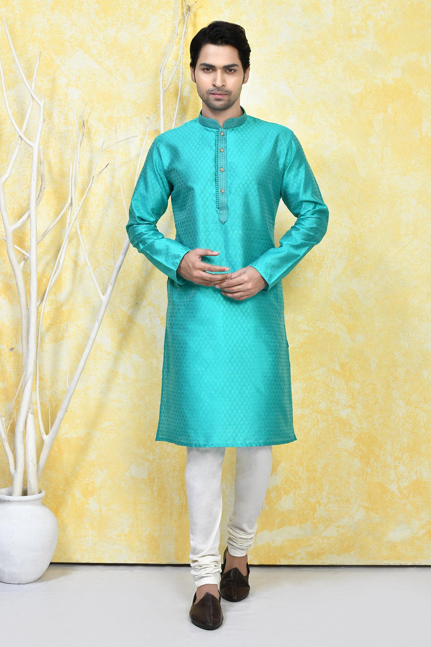 Kurta Set Blue Silk Embroidery Prism Crest Motif Resham Woven