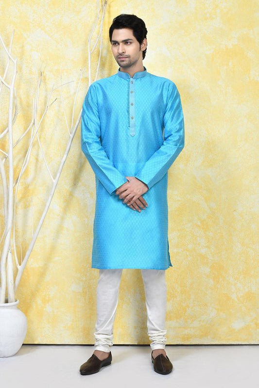 Kurta Set Blue Silk Embroidery Prism Crest Motif Resham Woven