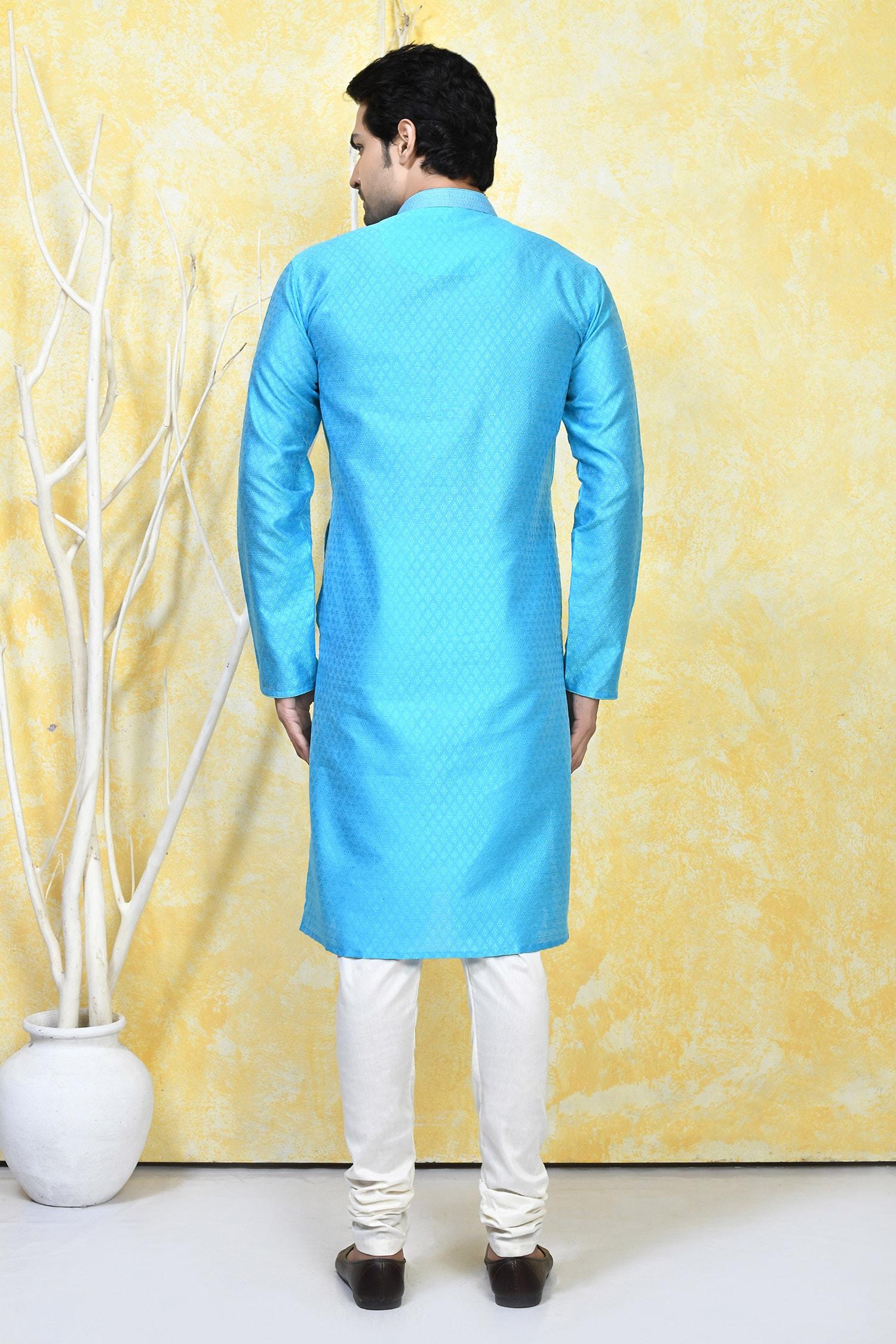 Kurta Set Blue Silk Embroidery Prism Crest Motif Resham Woven