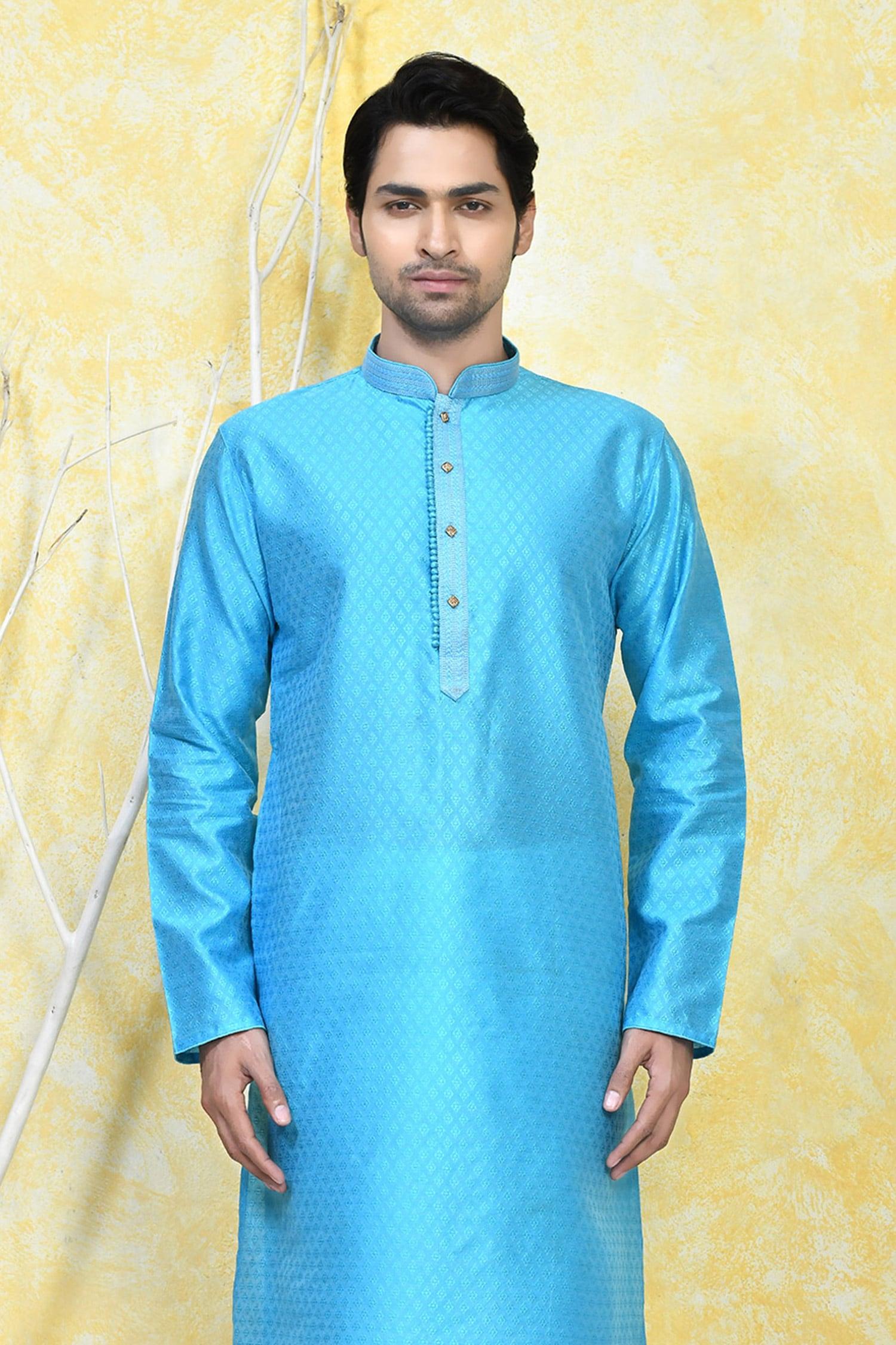 Kurta Set Blue Silk Embroidery Prism Crest Motif Resham Woven