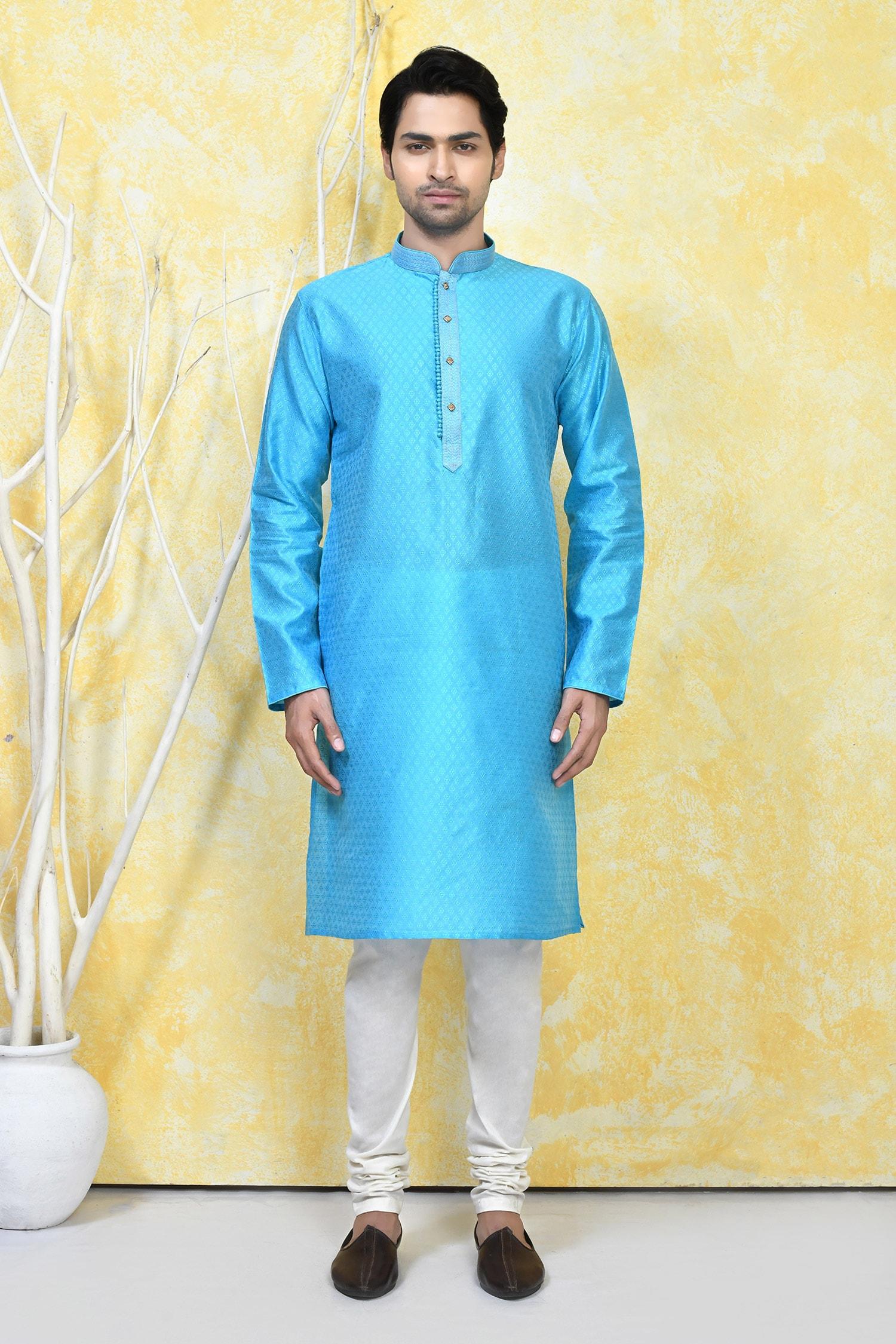 Kurta Set Blue Silk Embroidery Prism Crest Motif Resham Woven