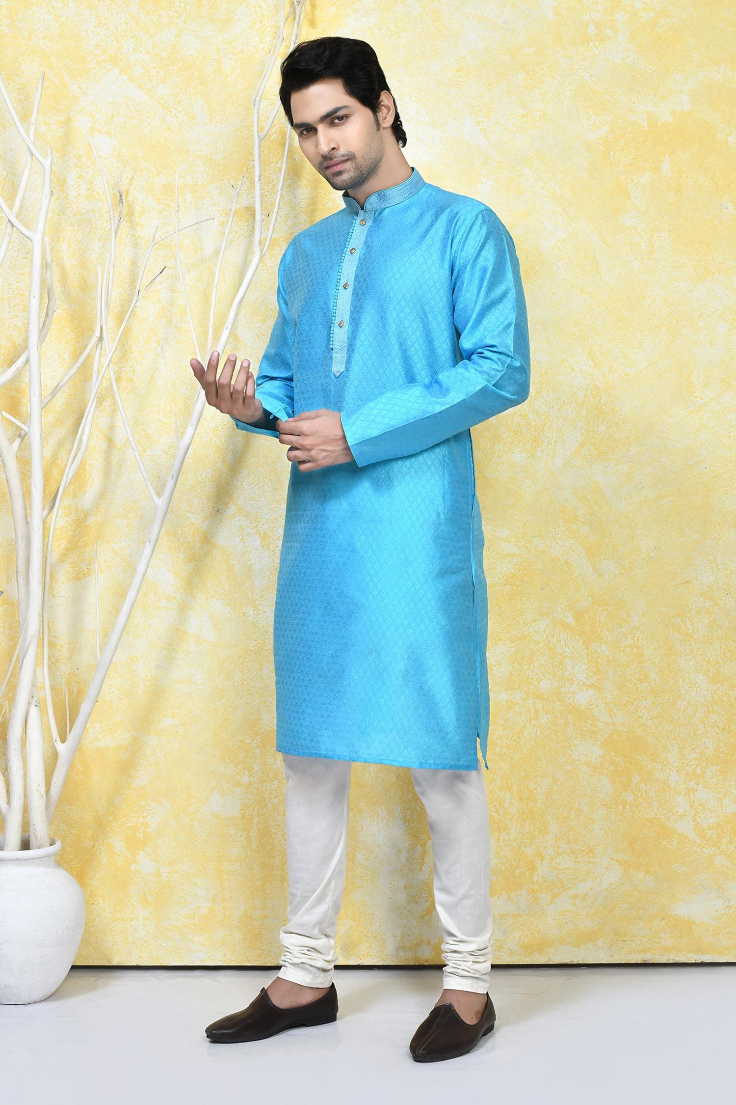 Kurta Set Blue Silk Embroidery Prism Crest Motif Resham Woven