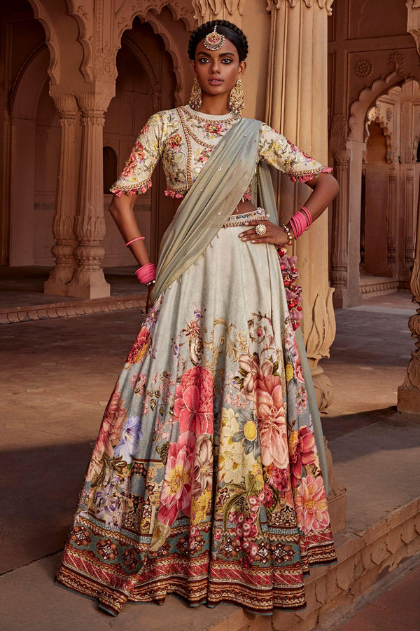 Blue Silk, Georgette Manya Raw Flower Bloom Print Bridal Lehenga Set - Designer Kurta Set