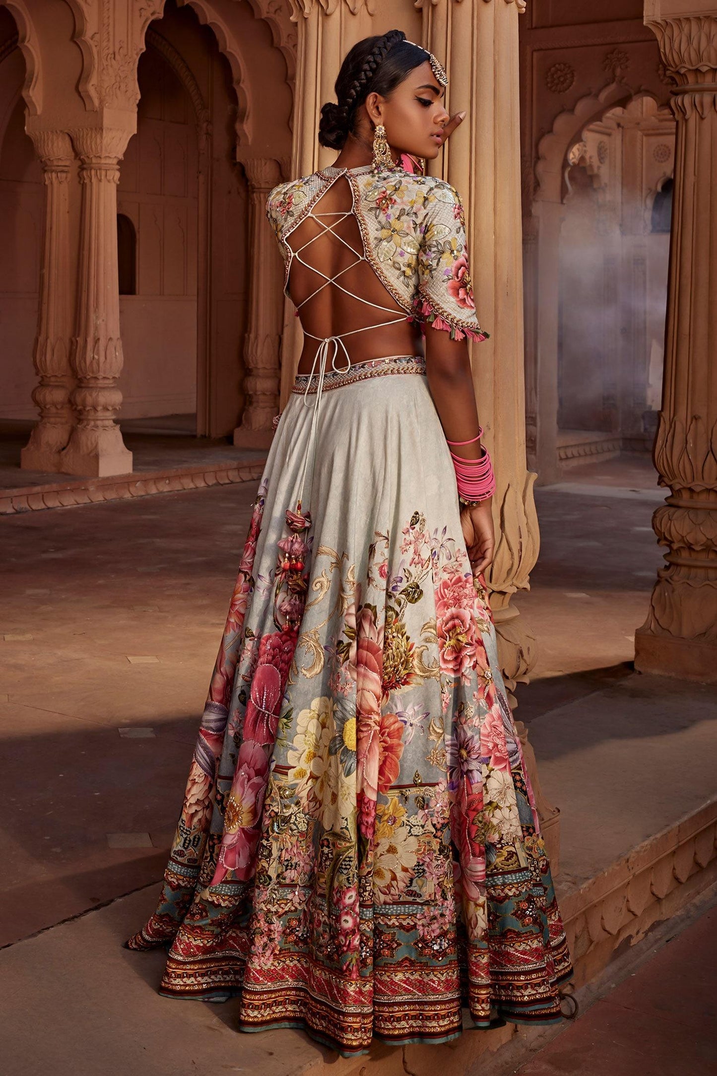 Blue Silk, Georgette Manya Raw Flower Bloom Print Bridal Lehenga Set - Designer Kurta Set