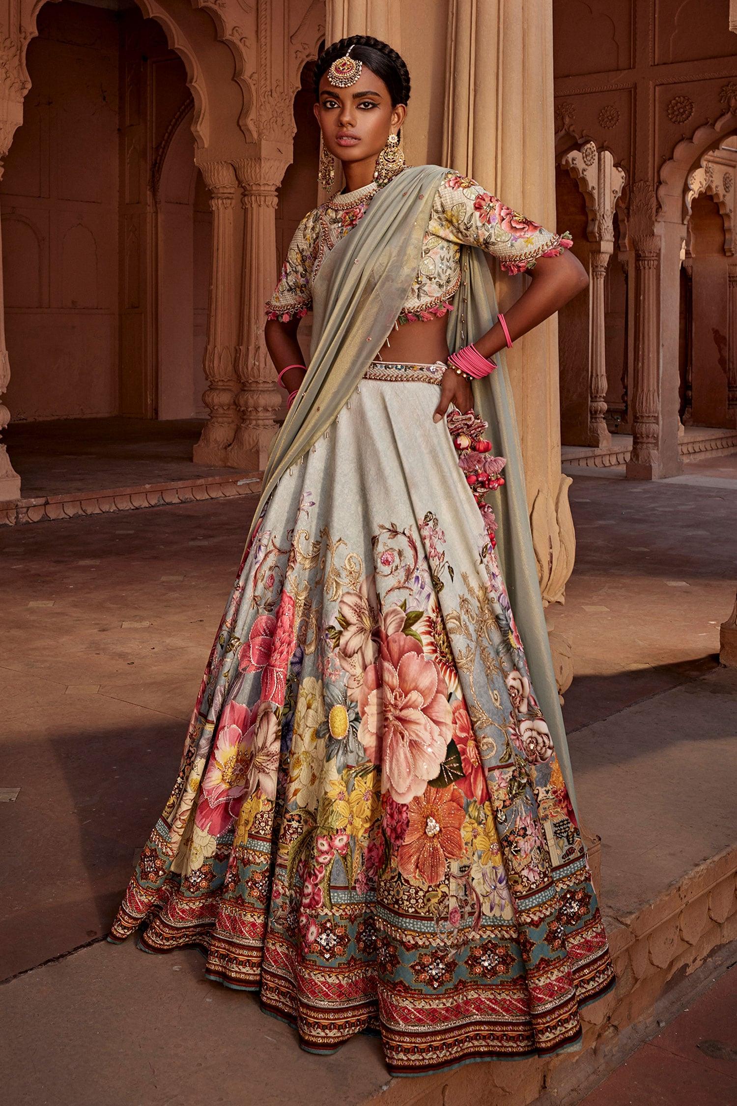 Blue Silk, Georgette Manya Raw Flower Bloom Print Bridal Lehenga Set - Designer Kurta Set