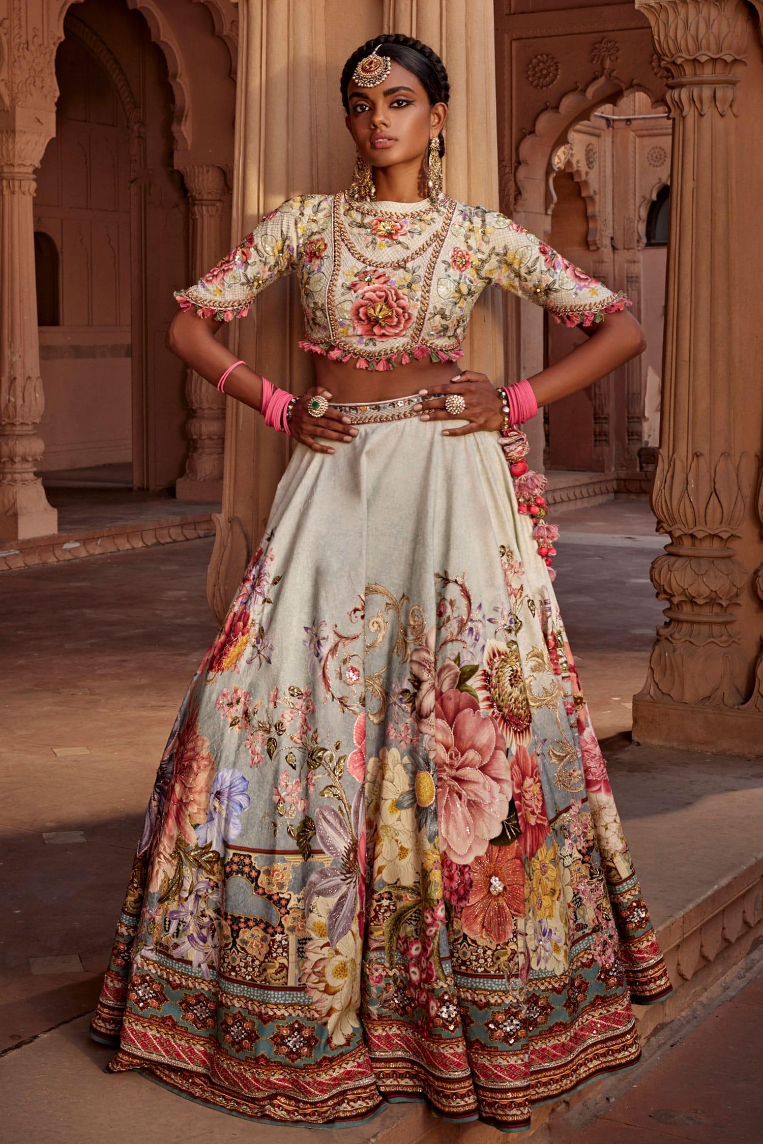 Blue Silk, Georgette Manya Raw Flower Bloom Print Bridal Lehenga Set - Designer Kurta Set