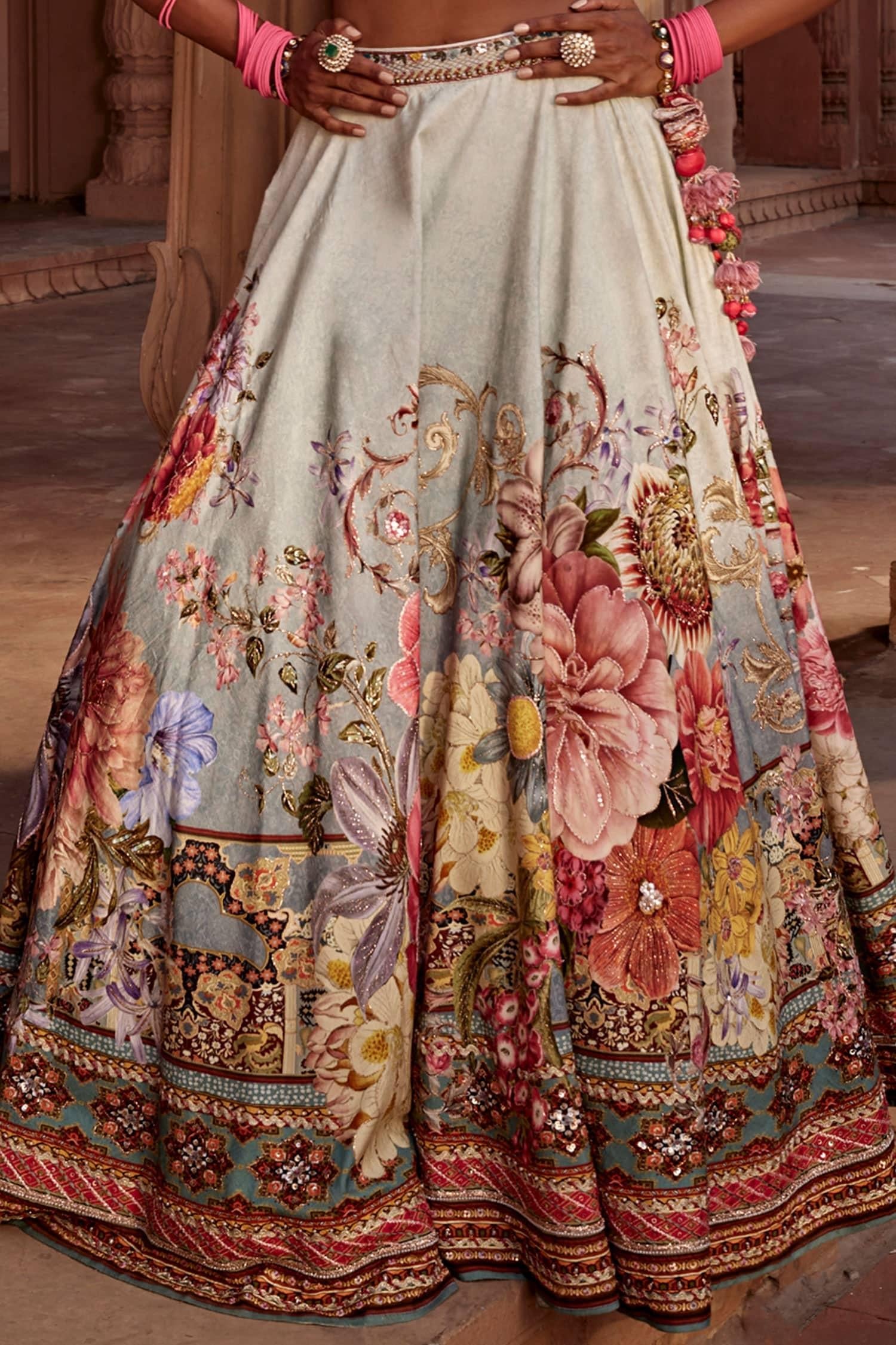 Blue Silk, Georgette Manya Raw Flower Bloom Print Bridal Lehenga Set - Designer Kurta Set