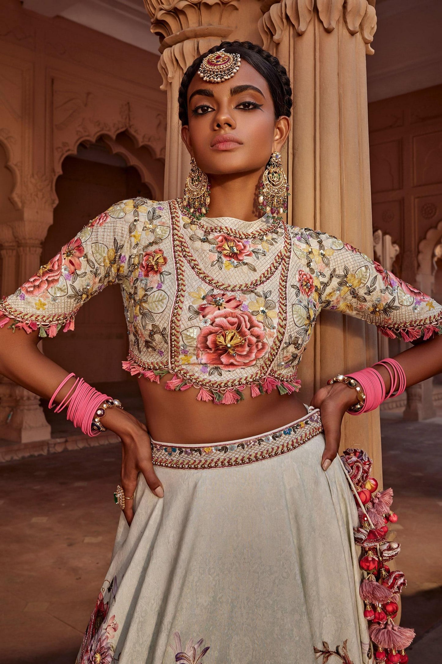 Blue Silk, Georgette Manya Raw Flower Bloom Print Bridal Lehenga Set - Designer Kurta Set