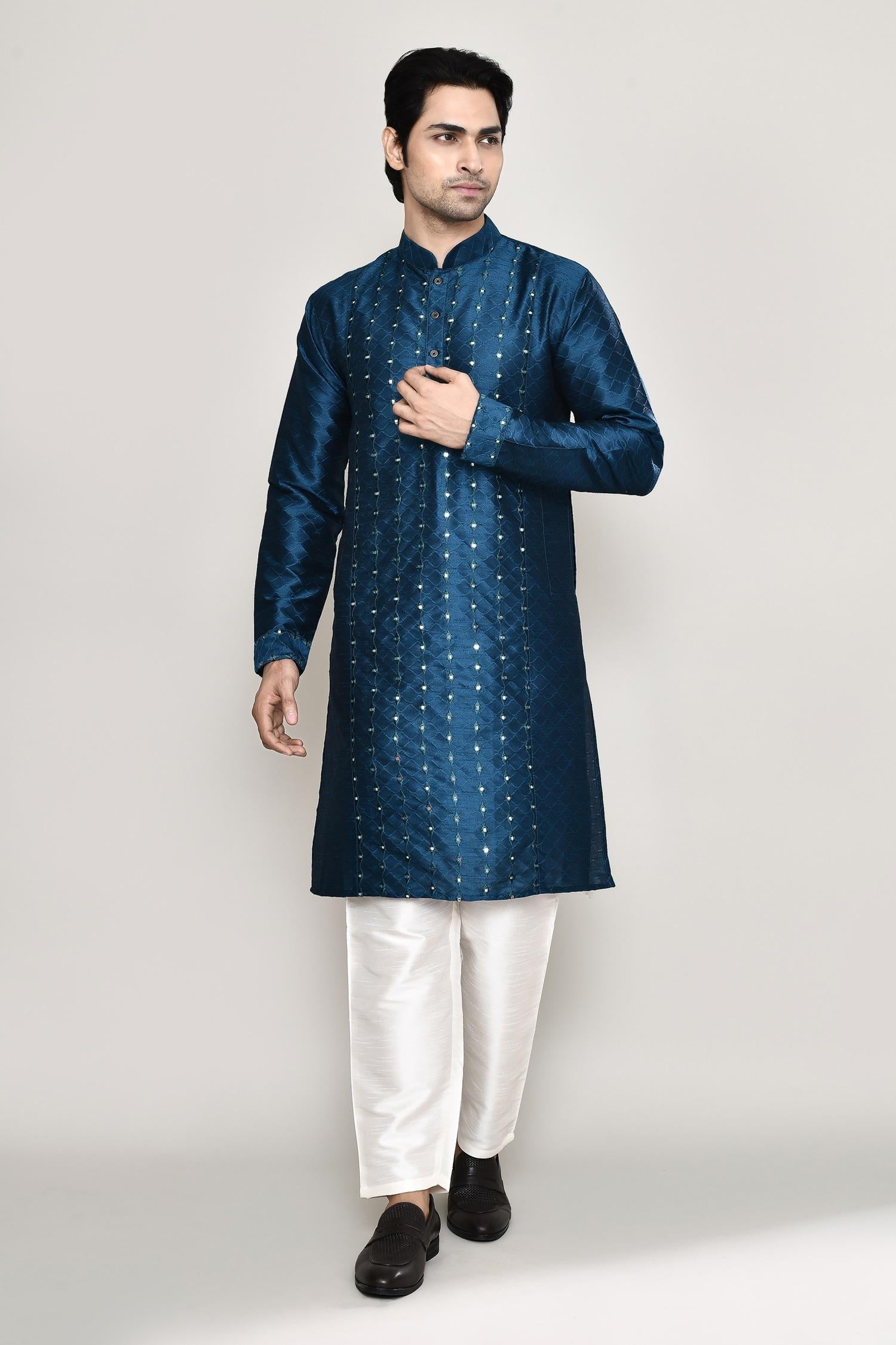 Kurta And Pant Set Blue Silk Mirrors Straight Work