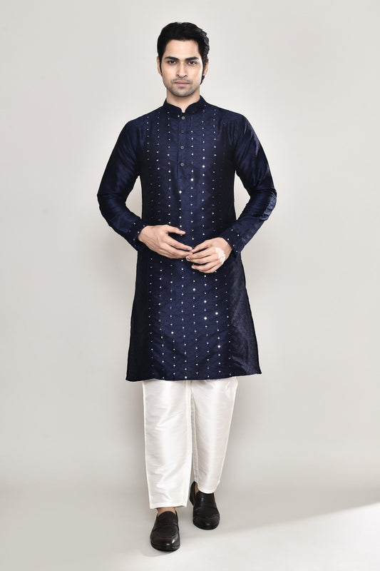 Kurta And Pant Set Blue Silk Mirrors Straight Work