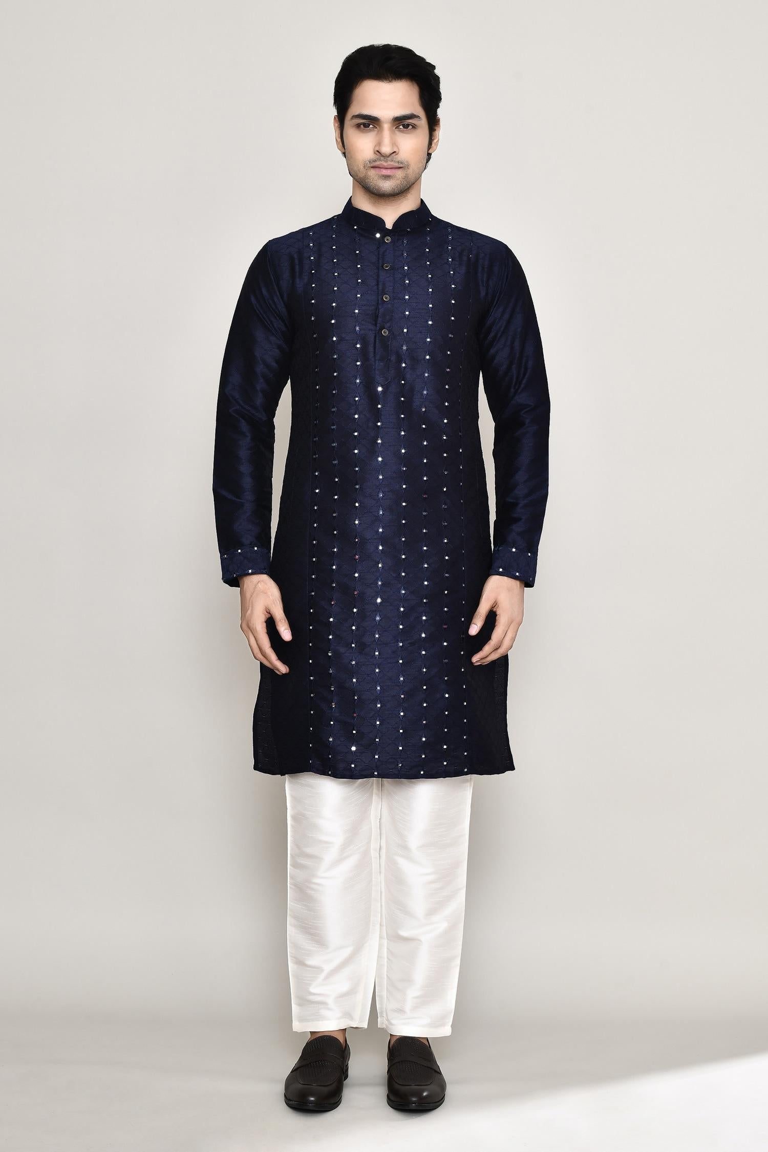Kurta And Pant Set Blue Silk Mirrors Straight Work