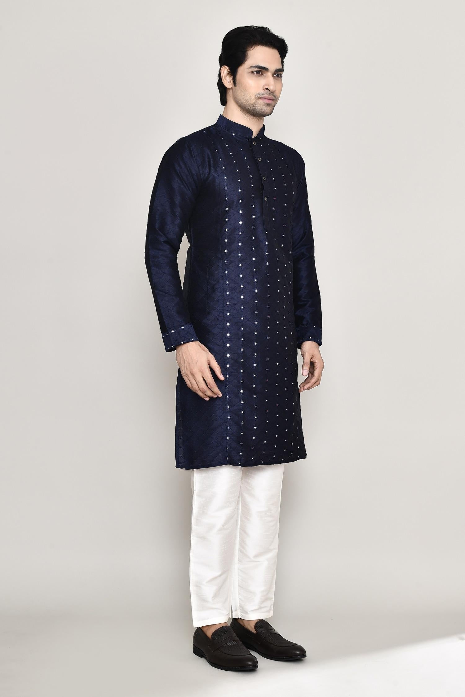 Kurta And Pant Set Blue Silk Mirrors Straight Work