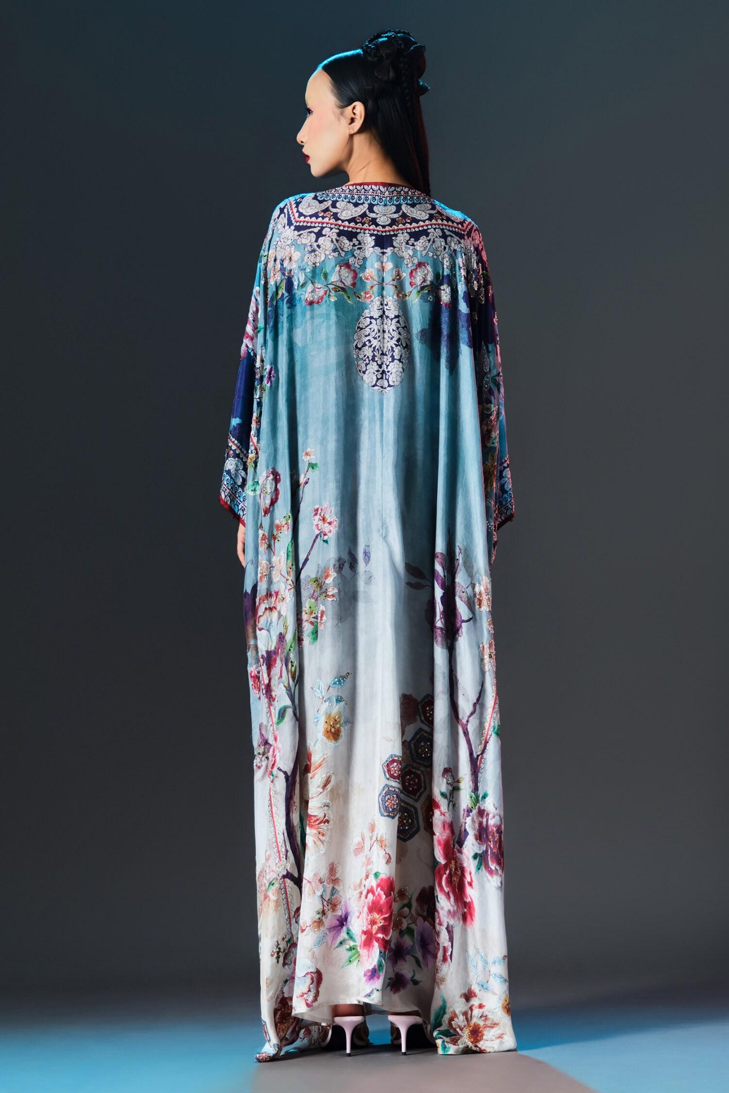 Blue Silk Pearls V-neck Imama V Jewelled Belted Print - Designer Kurta Set