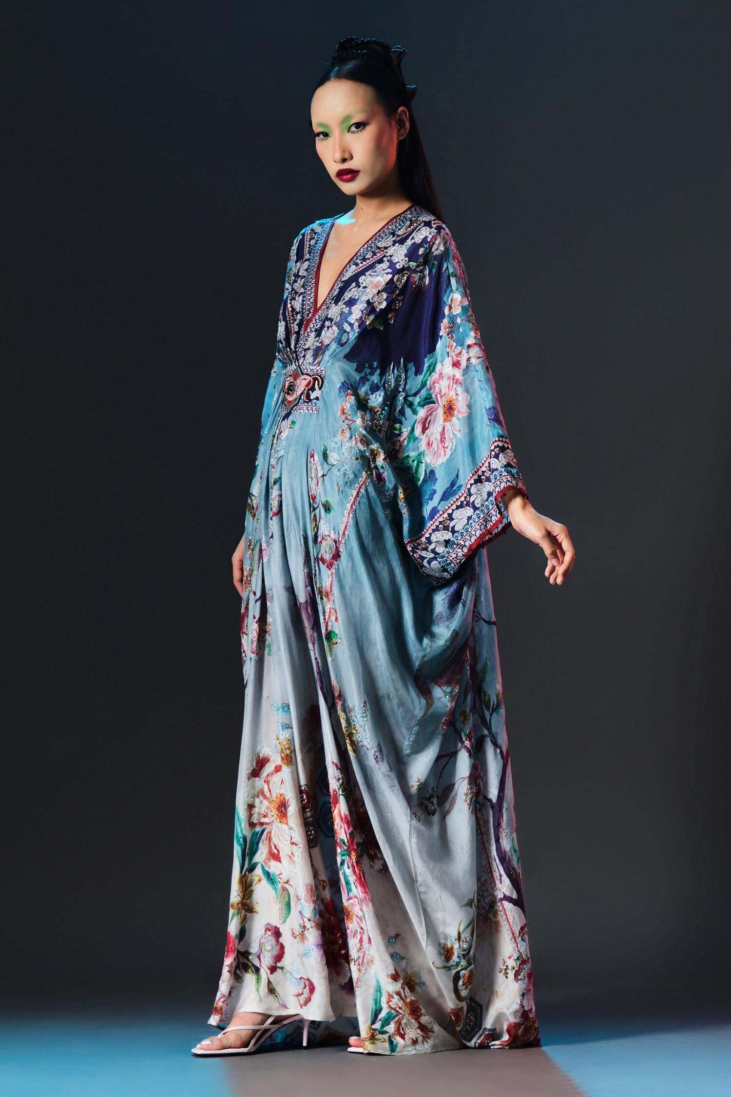 Blue Silk Pearls V-neck Imama V Jewelled Belted Print - Designer Kurta Set
