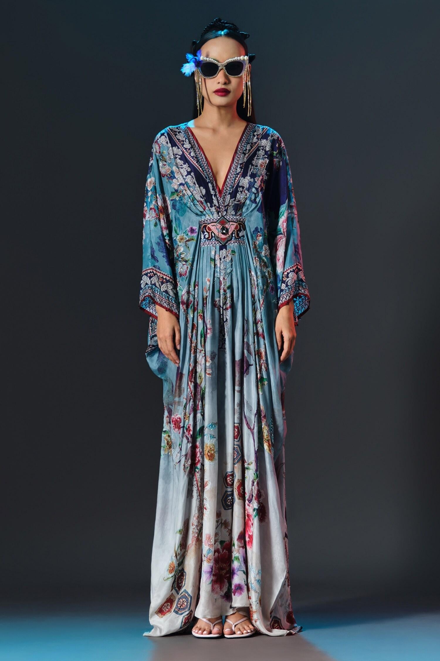 Blue Silk Pearls V-neck Imama V Jewelled Belted Print - Designer Kurta Set