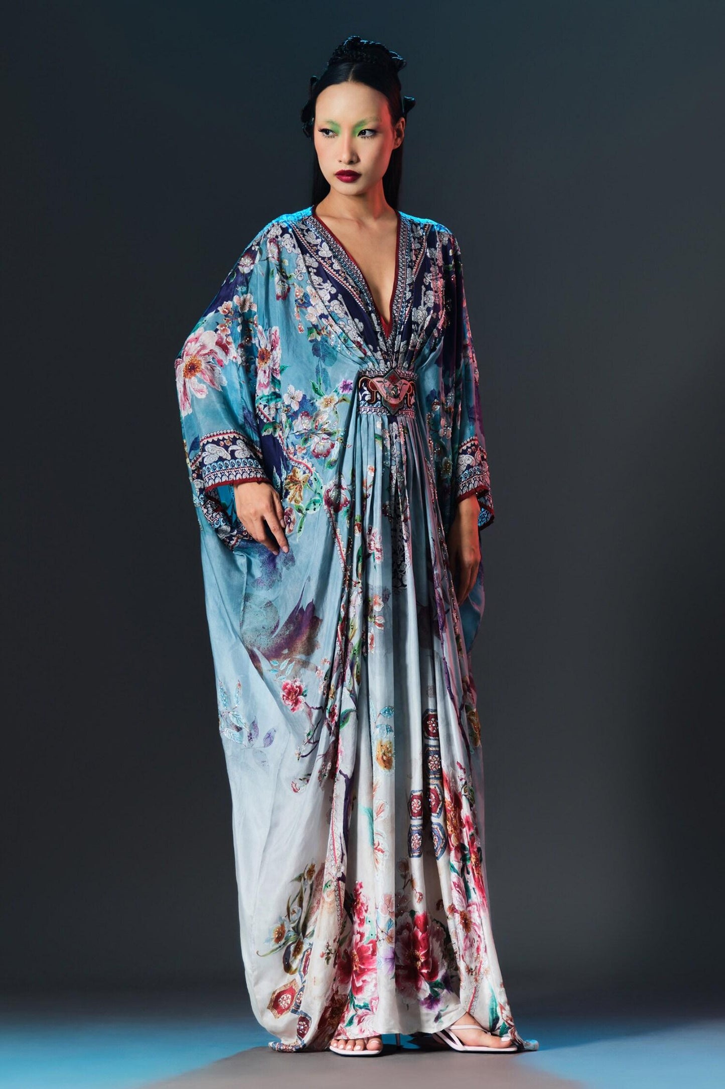 Blue Silk Pearls V-neck Imama V Jewelled Belted Print - Designer Kurta Set