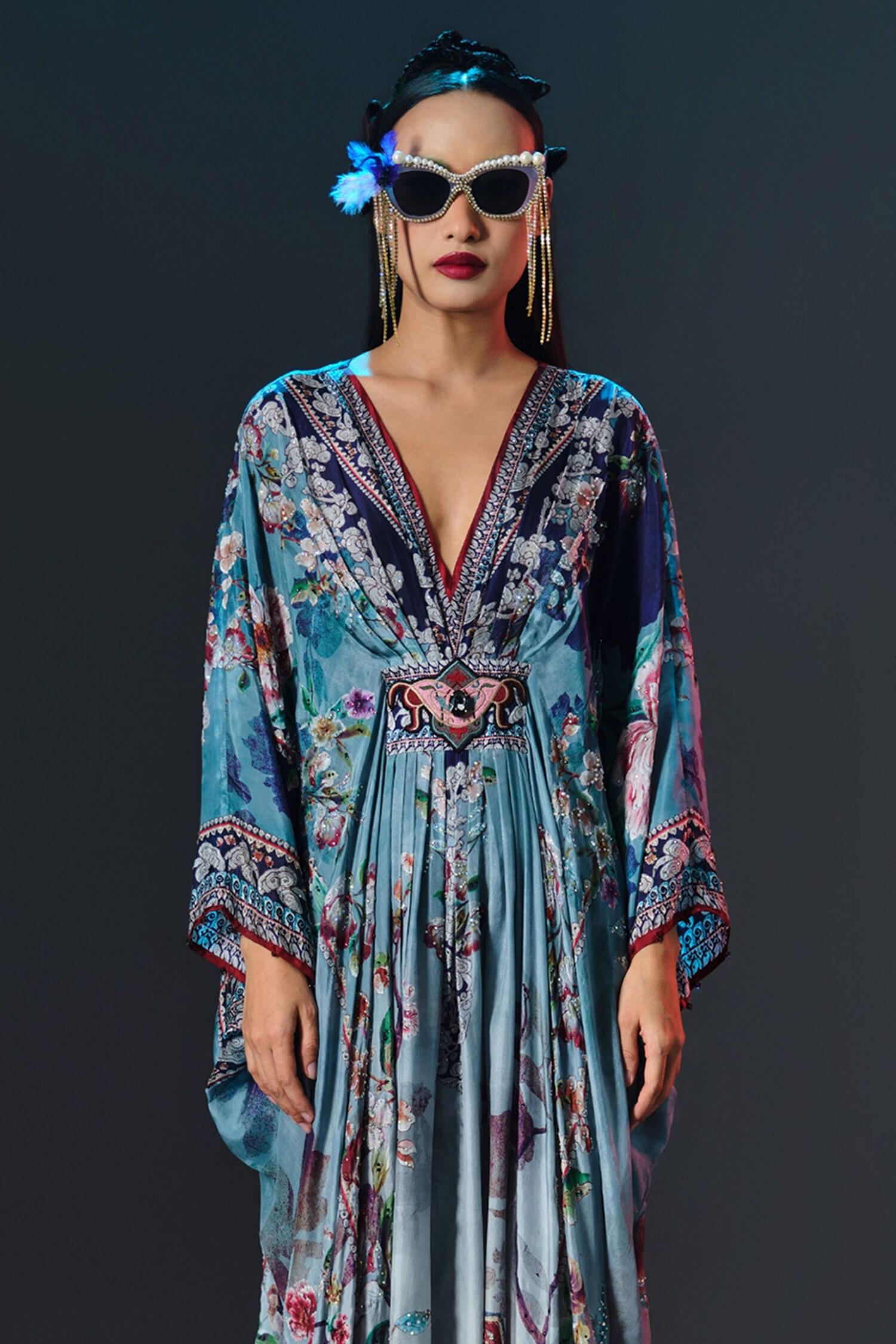 Blue Silk Pearls V-neck Imama V Jewelled Belted Print - Designer Kurta Set
