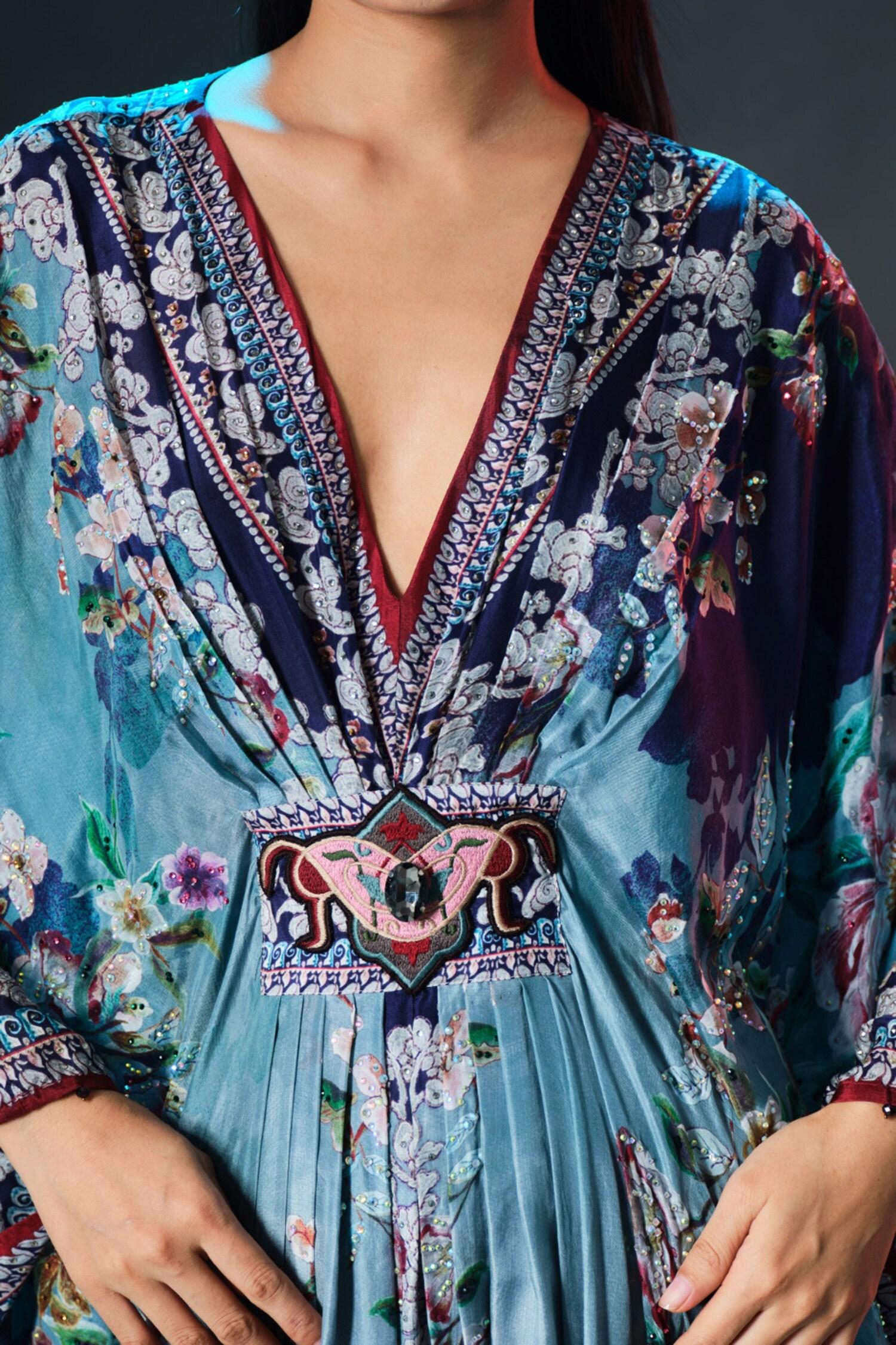 Blue Silk Pearls V-neck Imama V Jewelled Belted Print - Designer Kurta Set