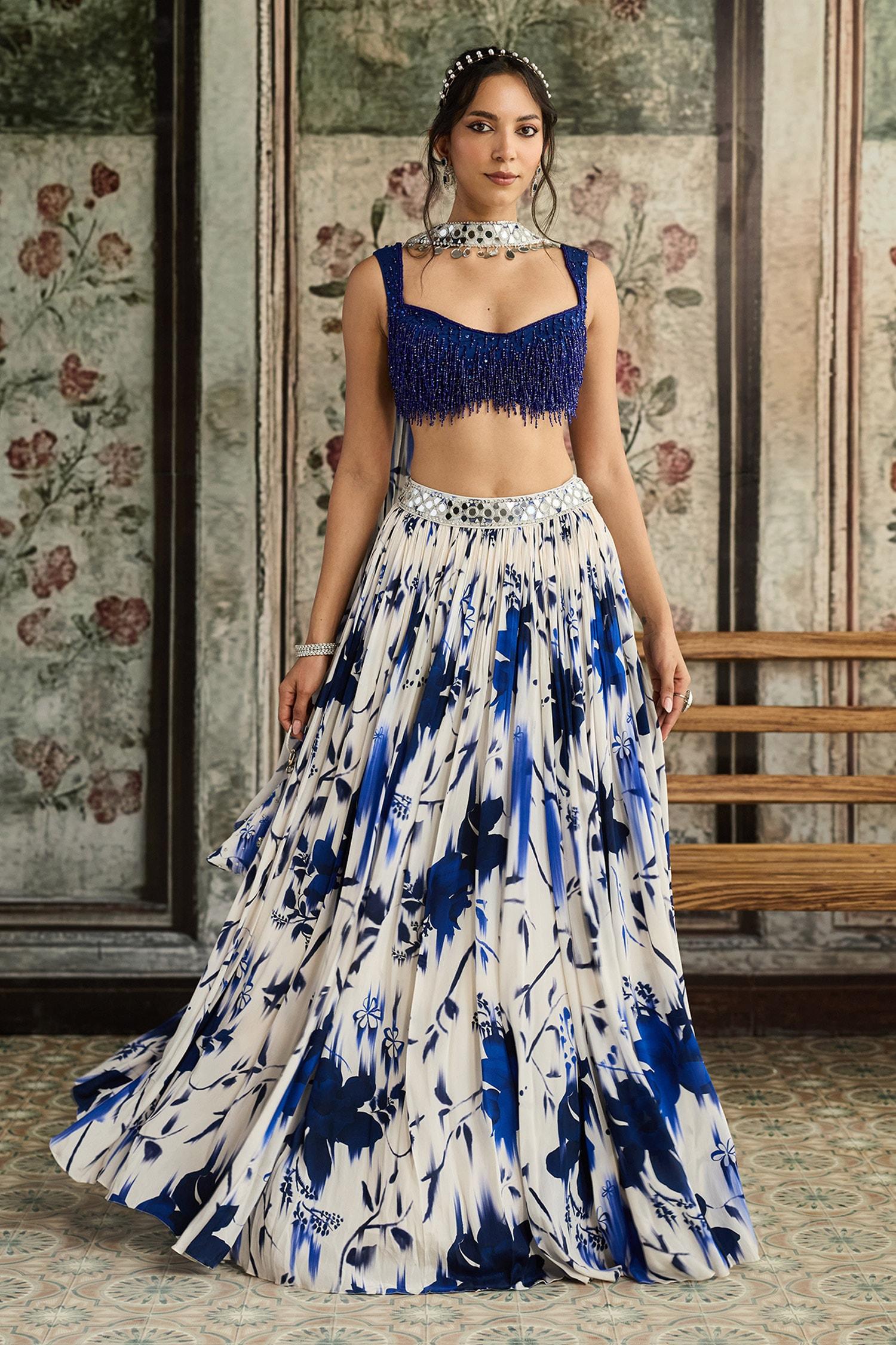 Blue Tulle, Crepe, Georgette Beads, Sequins Scoop Neck Floral Print Lehenga Set - Designer Kurta Set