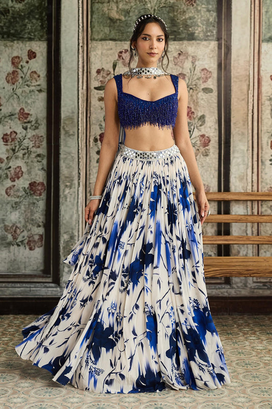 Blue Tulle, Crepe, Georgette Beads, Sequins Scoop Neck Floral Print Lehenga Set - Designer Kurta Set