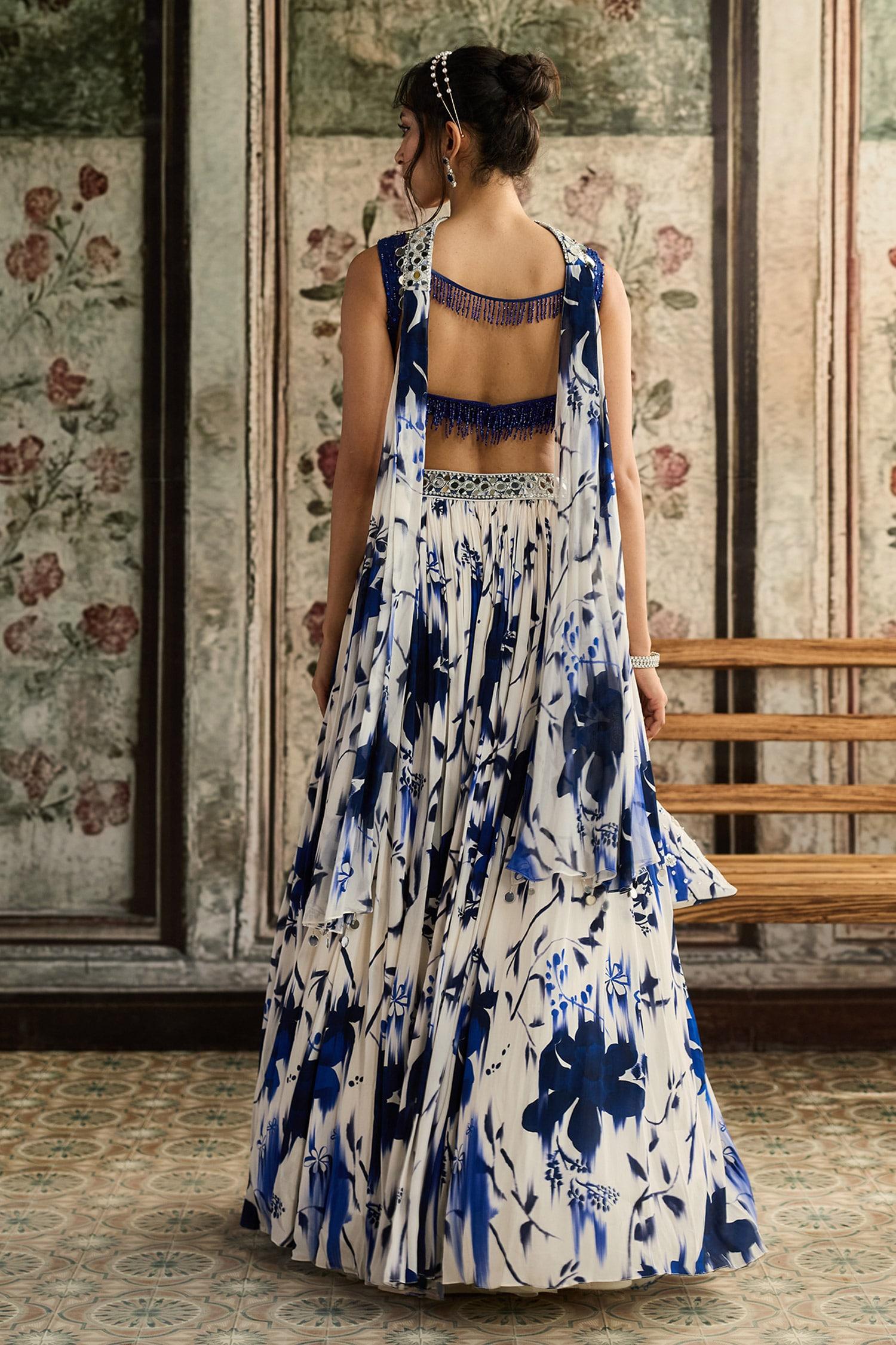 Blue Tulle, Crepe, Georgette Beads, Sequins Scoop Neck Floral Print Lehenga Set - Designer Kurta Set