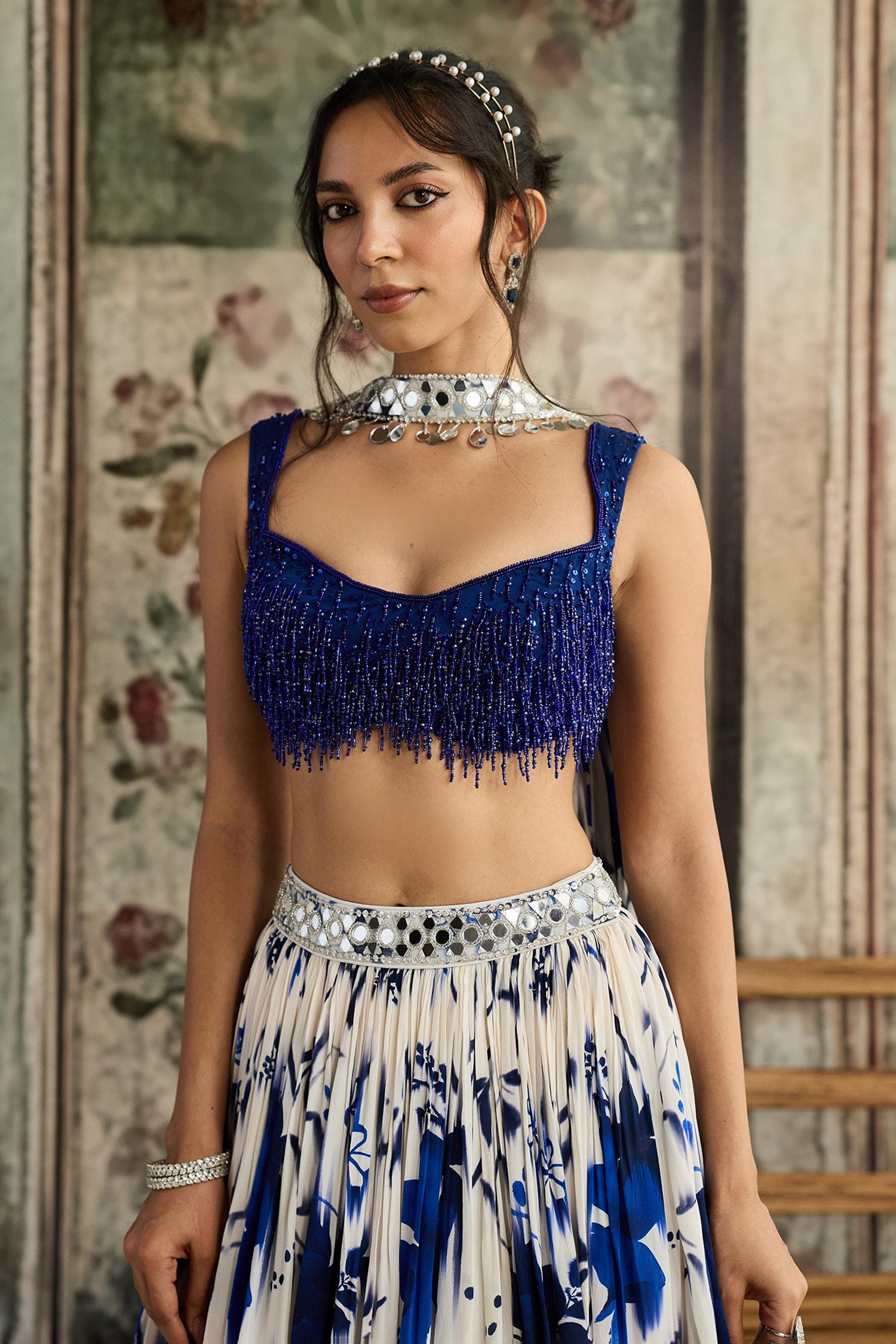 Blue Tulle, Crepe, Georgette Beads, Sequins Scoop Neck Floral Print Lehenga Set - Designer Kurta Set