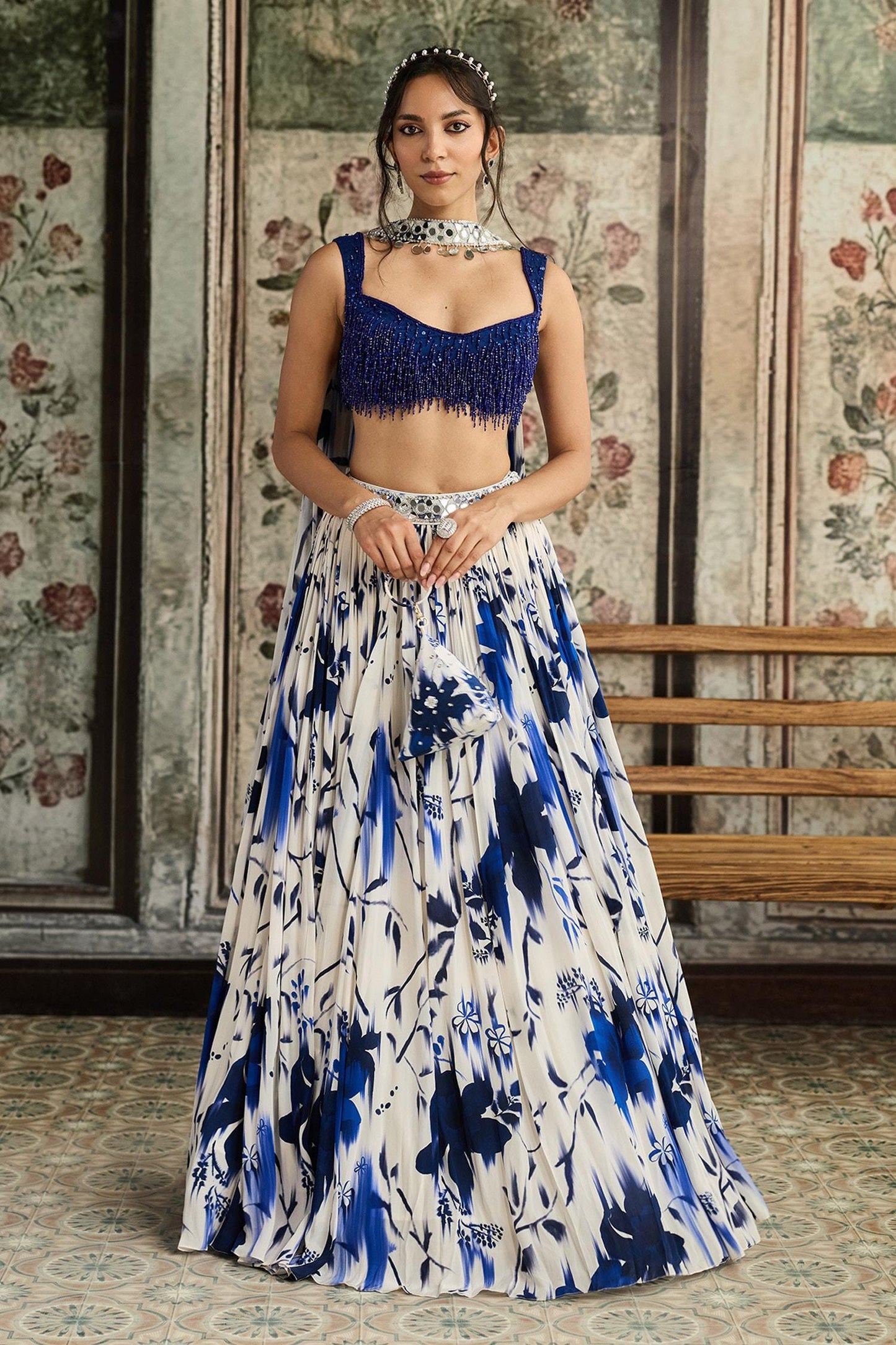 Blue Tulle, Crepe, Georgette Beads, Sequins Scoop Neck Floral Print Lehenga Set - Designer Kurta Set