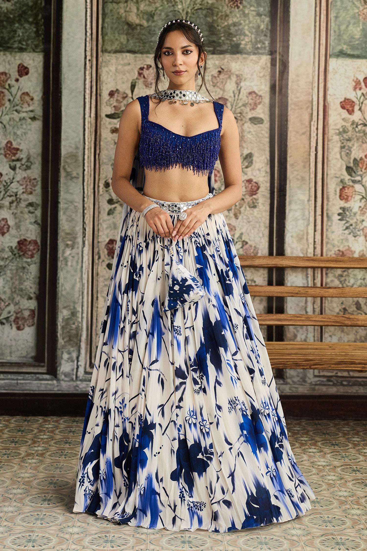 Blue Tulle, Crepe, Georgette Beads, Sequins Scoop Neck Floral Print Lehenga Set - Designer Kurta Set