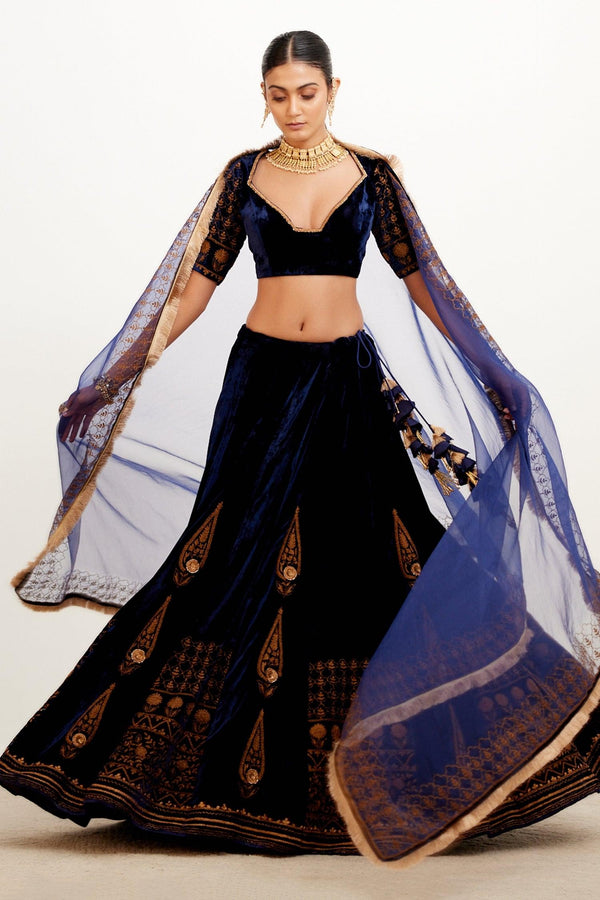 Blue Velvet And Organza Zari Plunge V Neck Embroidered Bridal Lehenga Set - Designer Kurta Set